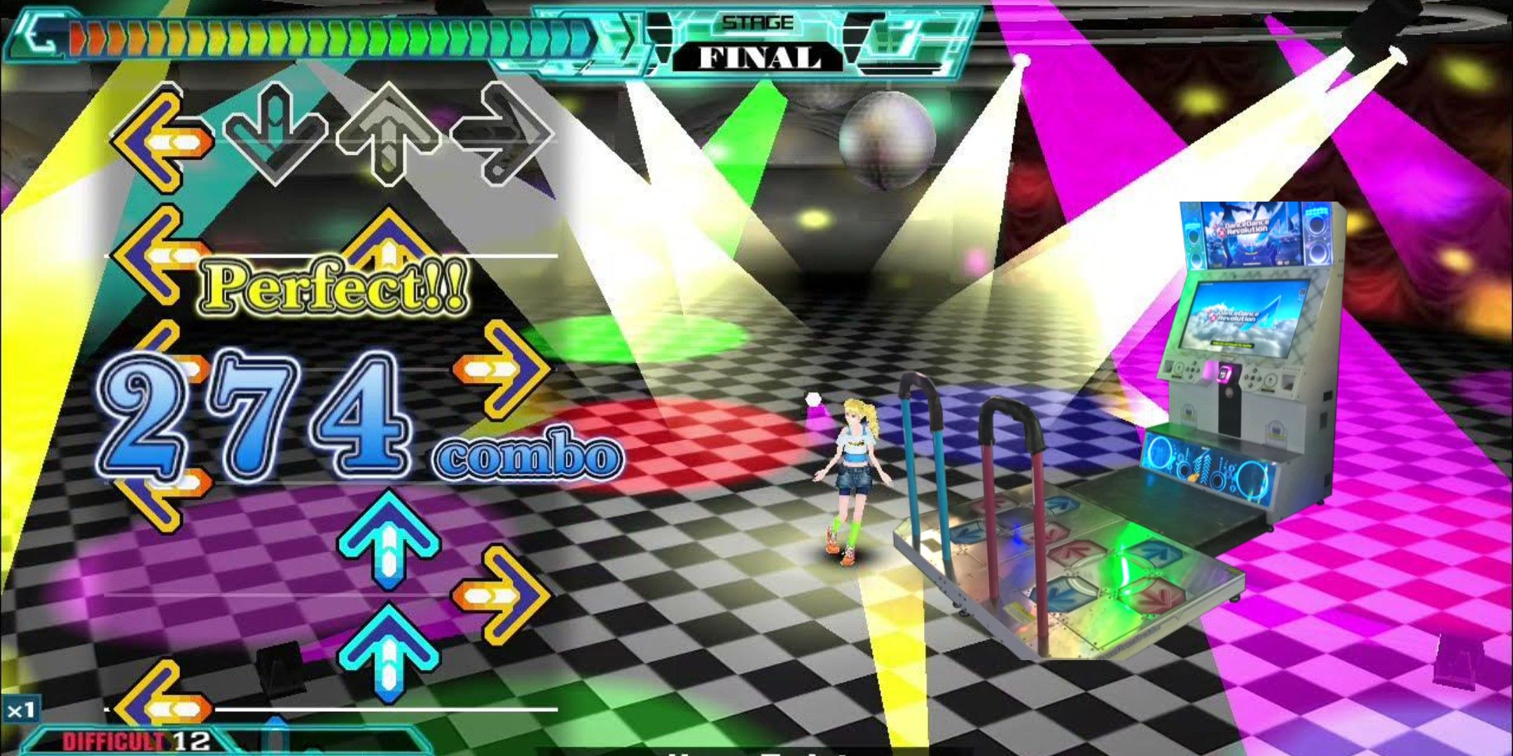 Gameplay of Dance Dance Revolution with arrows on the left, the arcade machine on the right.