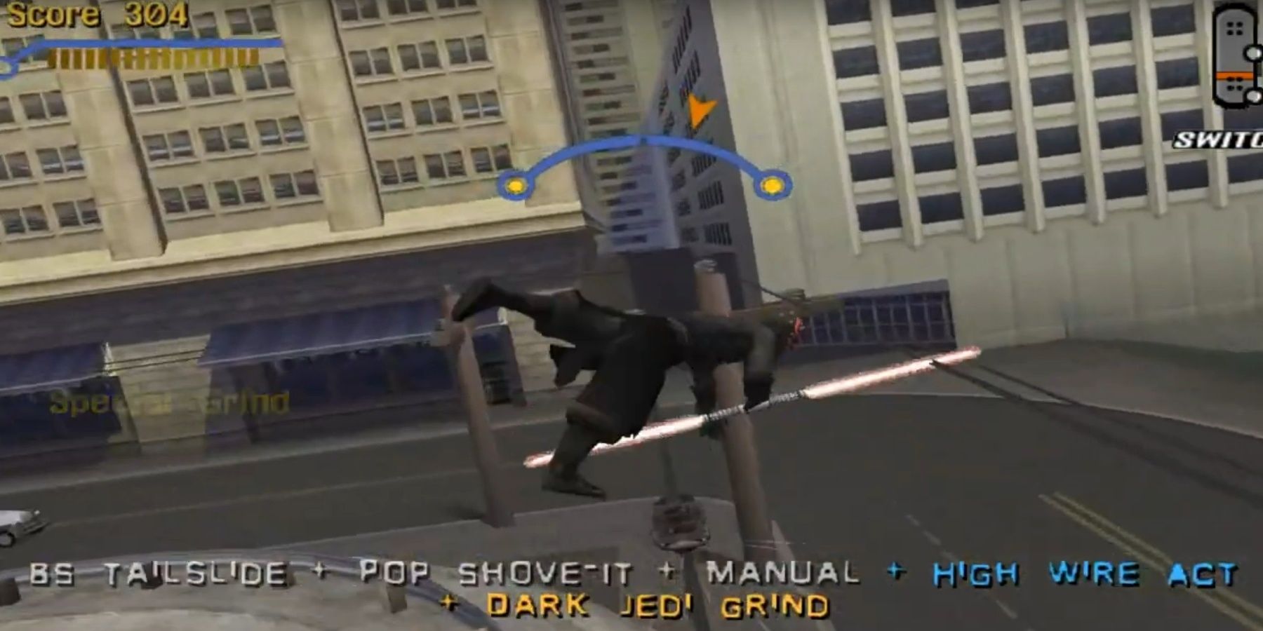 Darth Maul in the middle of flipping his skateboard while it drags on a power line in Tony Hawk's Pro Skater 3