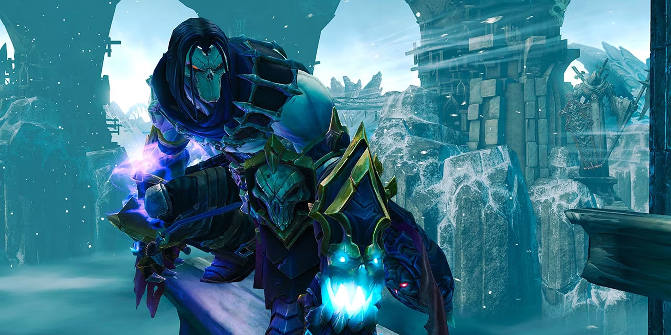 Darksiders 2 Death perched on a ledge in icey ruins