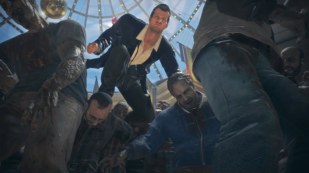 Frank riding zombies in Dead Rising Deluxe Remaster.