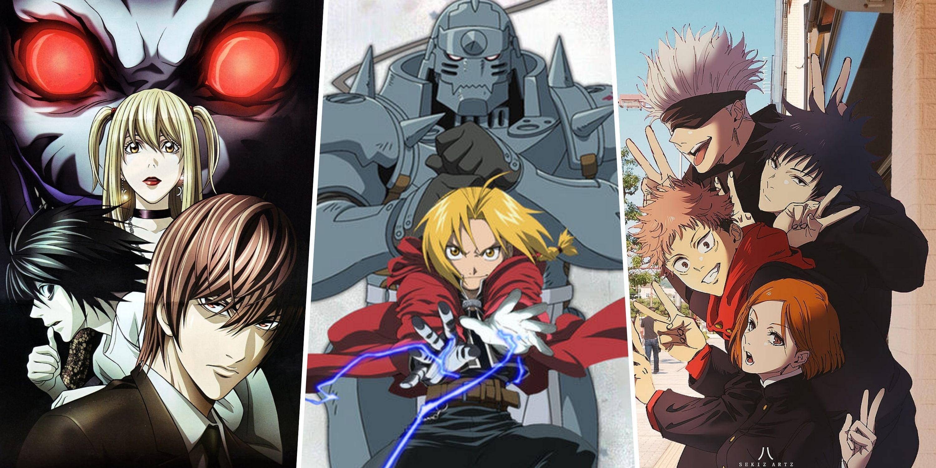 A split image showing charachters from Death Note, Fullmetal Alchemist Brotherhood and Jujutsu Kaisen.