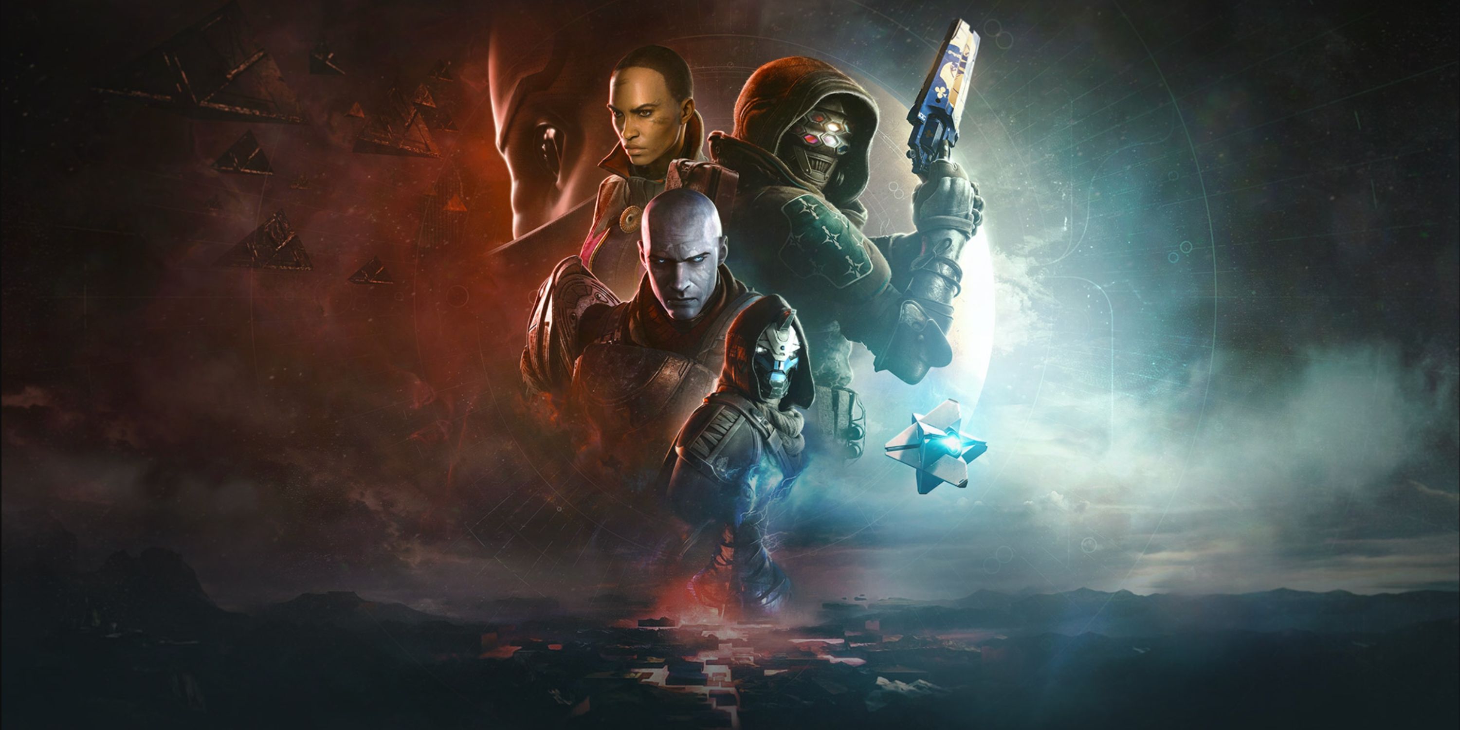 Destiny 2 The Final Shape Cover Art featuring all the main characters overlayed on a space themed background