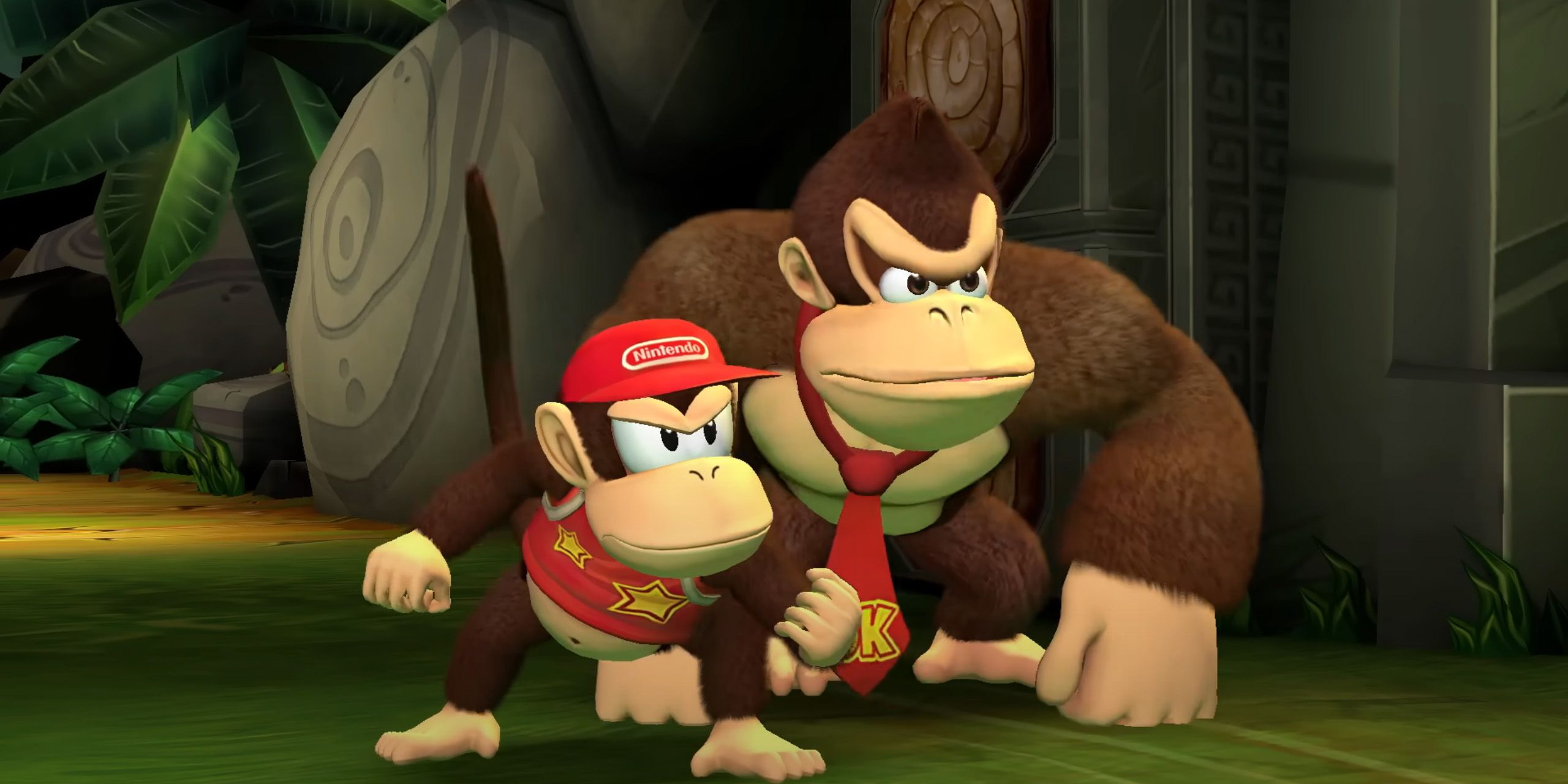 Donkey Kong and Diddy standing side by side, looking angry in Donkey Kong Returns HD.