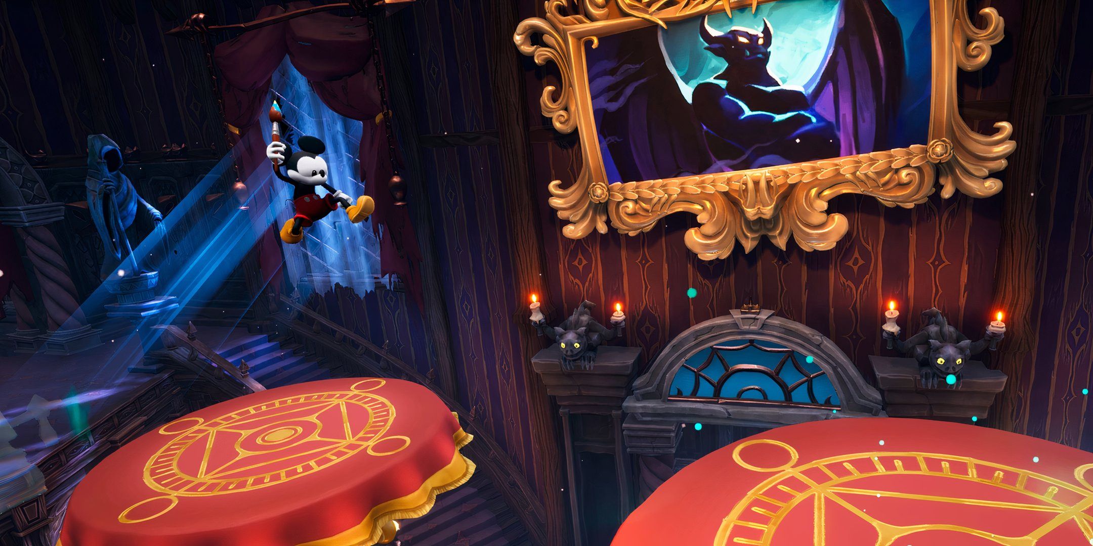 Mickey jumps on tables in Epic Mickey: Rebrushed.