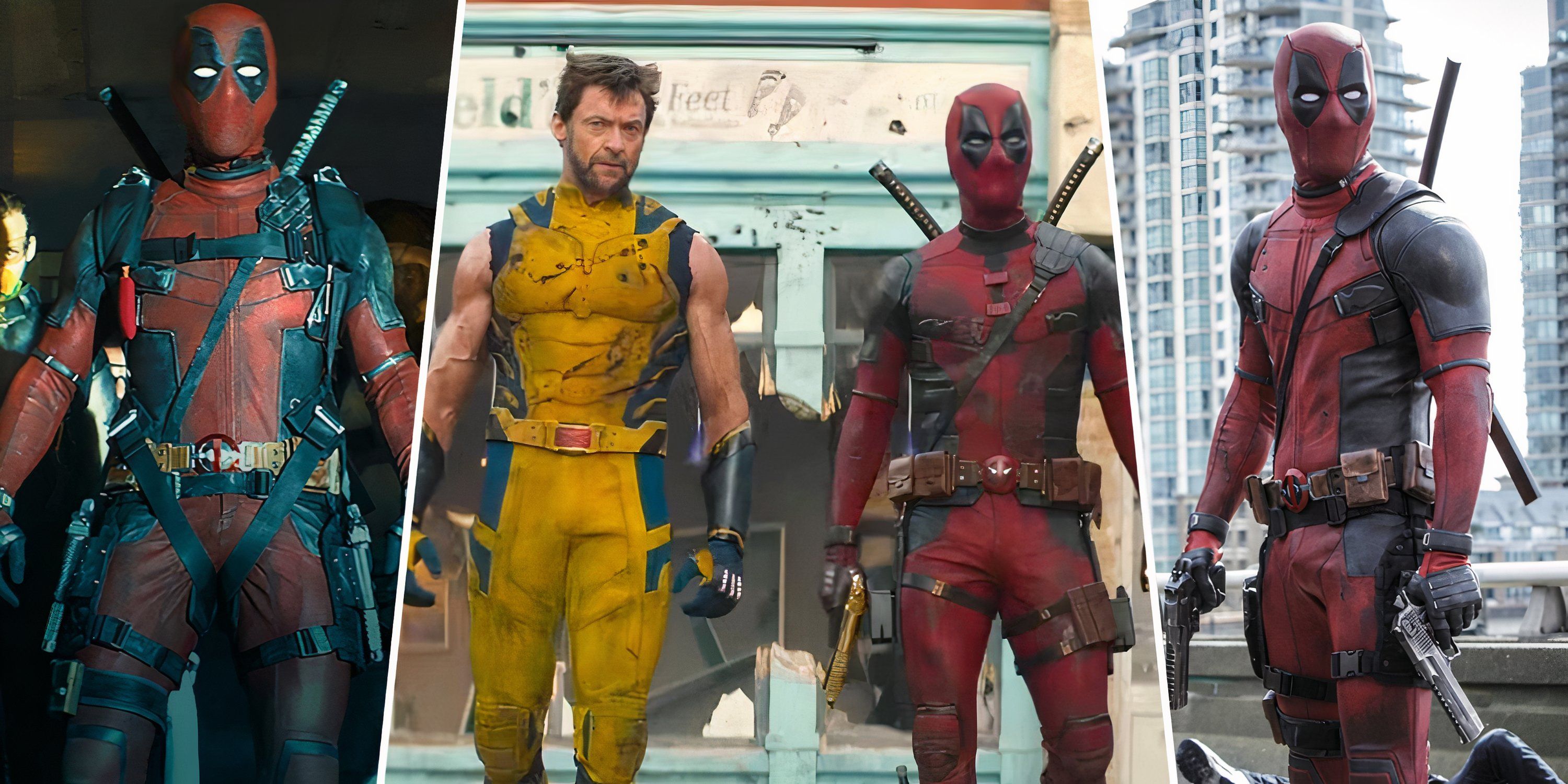 A split image showing scenes from various Deadpool movies