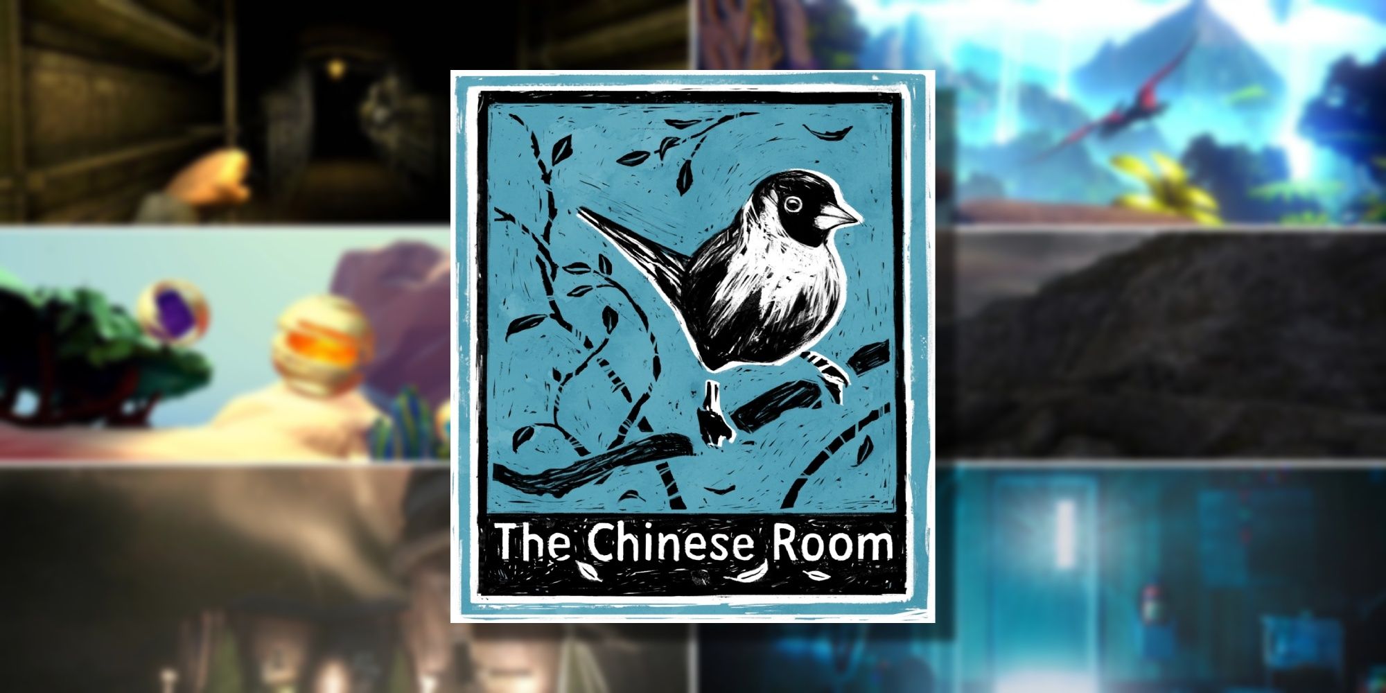 The Chinese Room logo. In the background, six blurred screenshots from each of the studio's games.