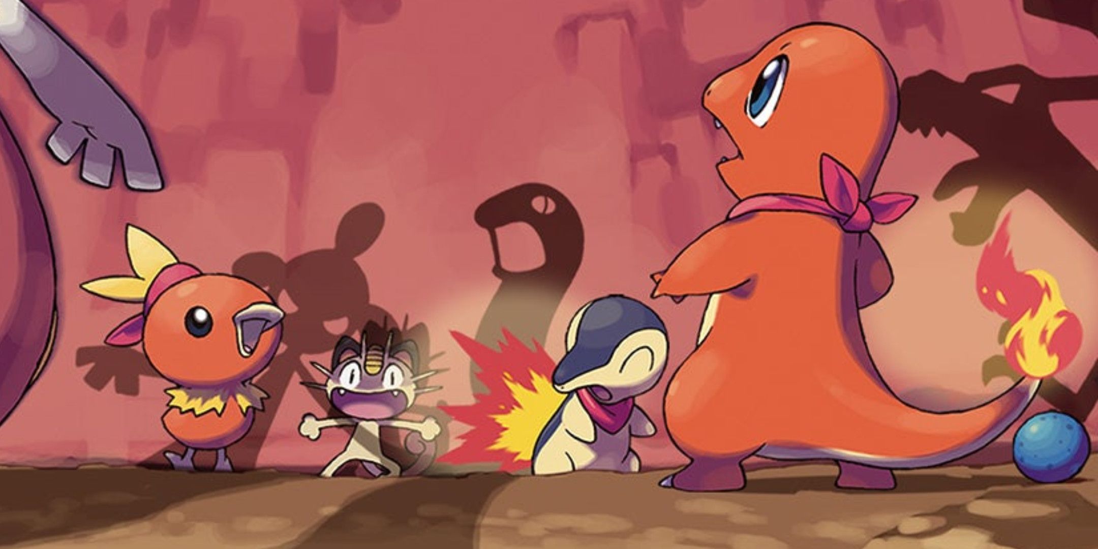 From left to right - Torchic, Meowth, Cyndaquil, and CHarmander in a cave