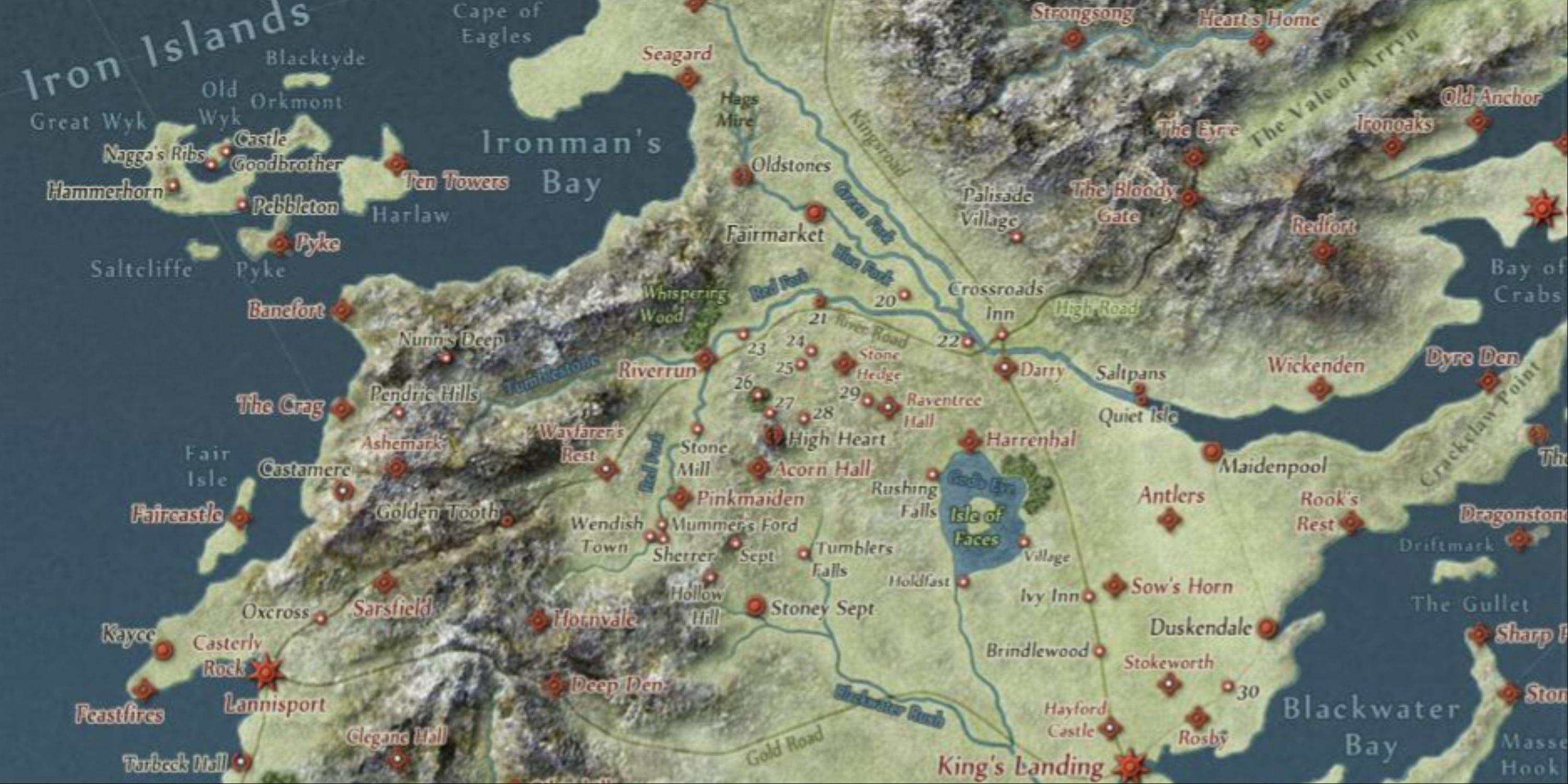 Game Of Thrones Official Interactive Map With A More Green And Blue Detailed Map Of Westeros Featurinh The Gods Eye Lake With A Red Dot And The Isle Of Faces Labeled.