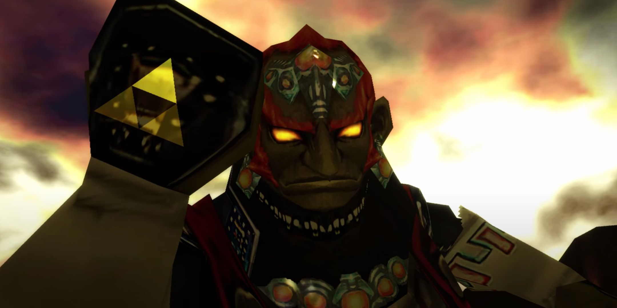 Ganondorf flexing the Triforce of Power in the ruins of his castle from Ocarina of Time.