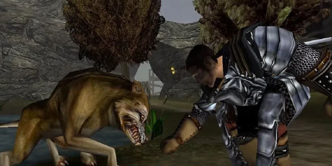 A character pets an angry-looking dog in Gothic.