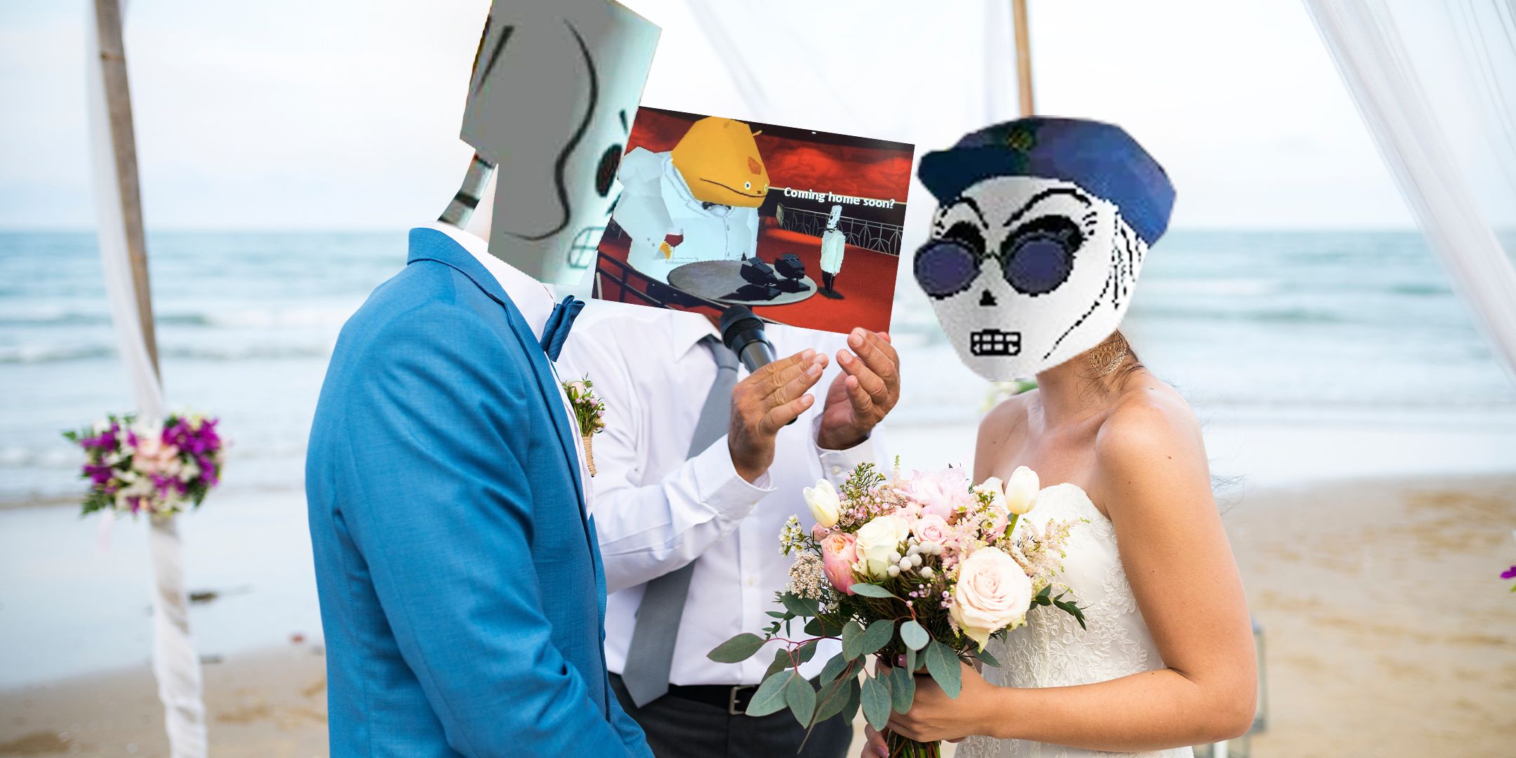 A stock photo of a wedding on the beach with the groom's head replaced by Manny from Grim Fandango and the bride's head replaced by Carla. In the background, the minister's head is replaced by a screenshot from the game in which Manny asks Glottis if he's 