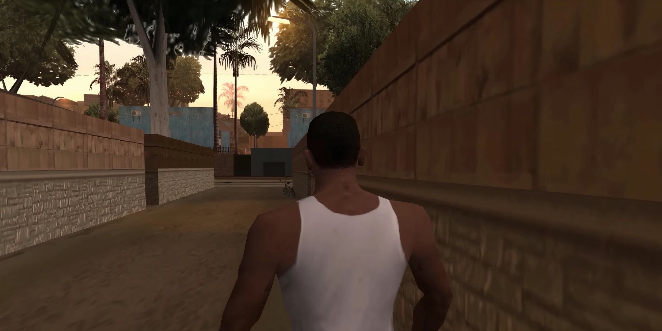 CJ walking down an alleyway in GTA: San Andreas.