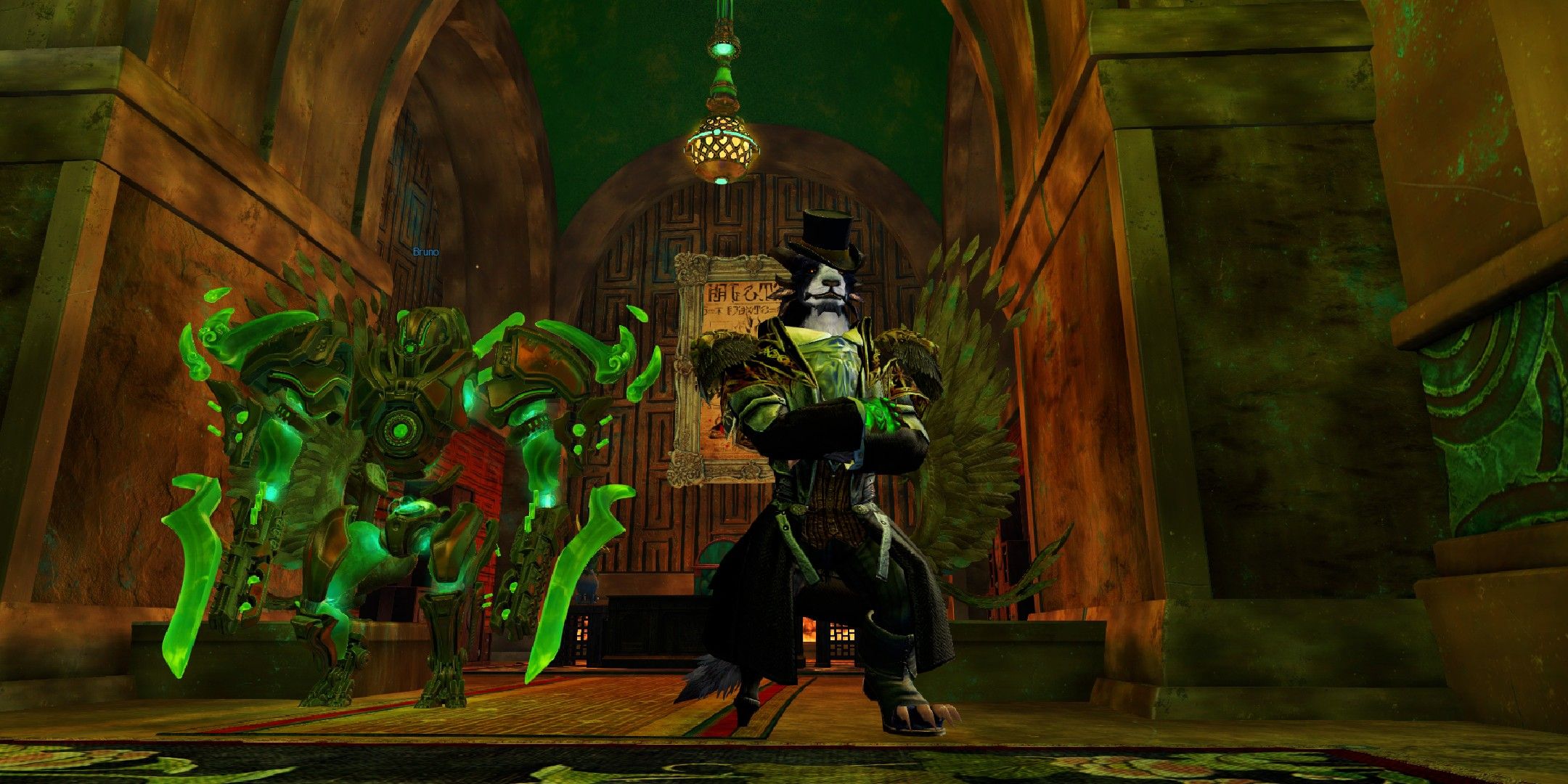 Guild Wars 2 image showing an engineer player crossing their arms while next to their Jade Mech.