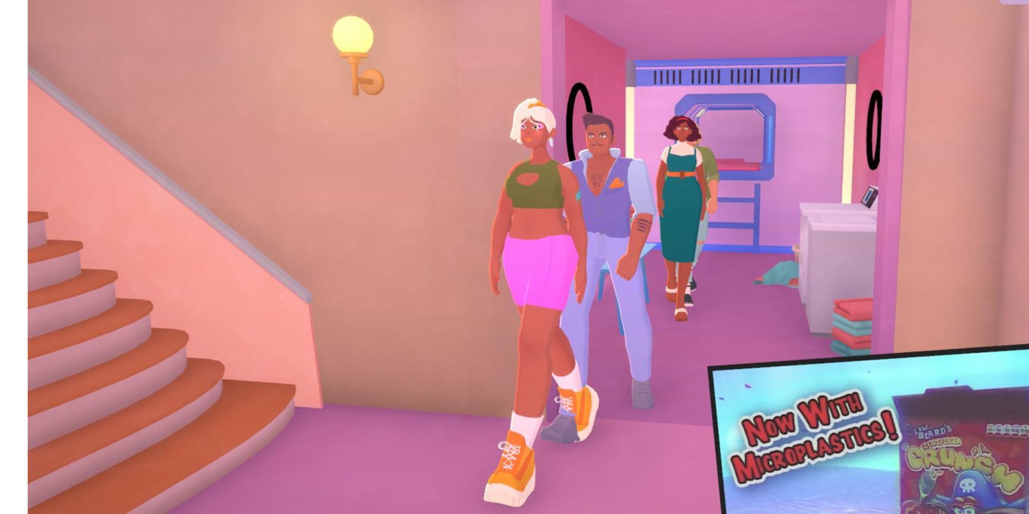 Priscilla, Emile, Bea, and Alex walk into the Crush House.