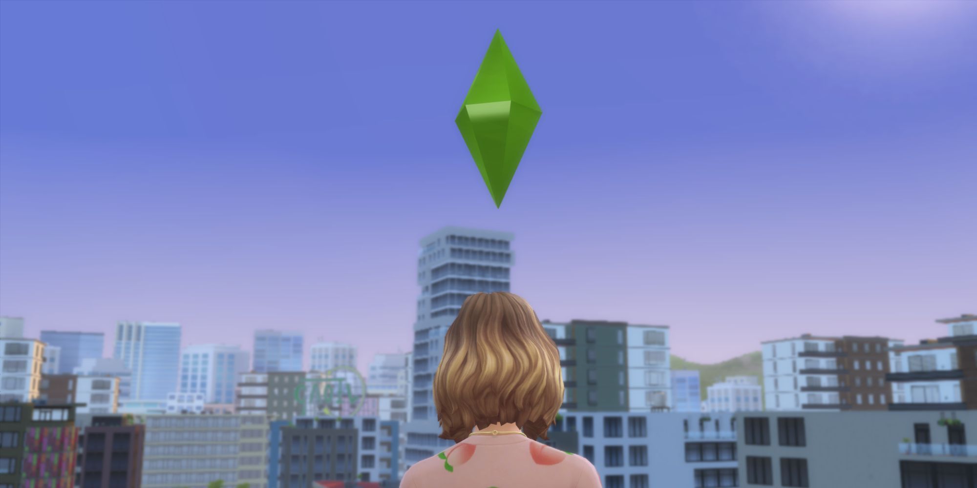 A Sim stands in front of a city skyline.