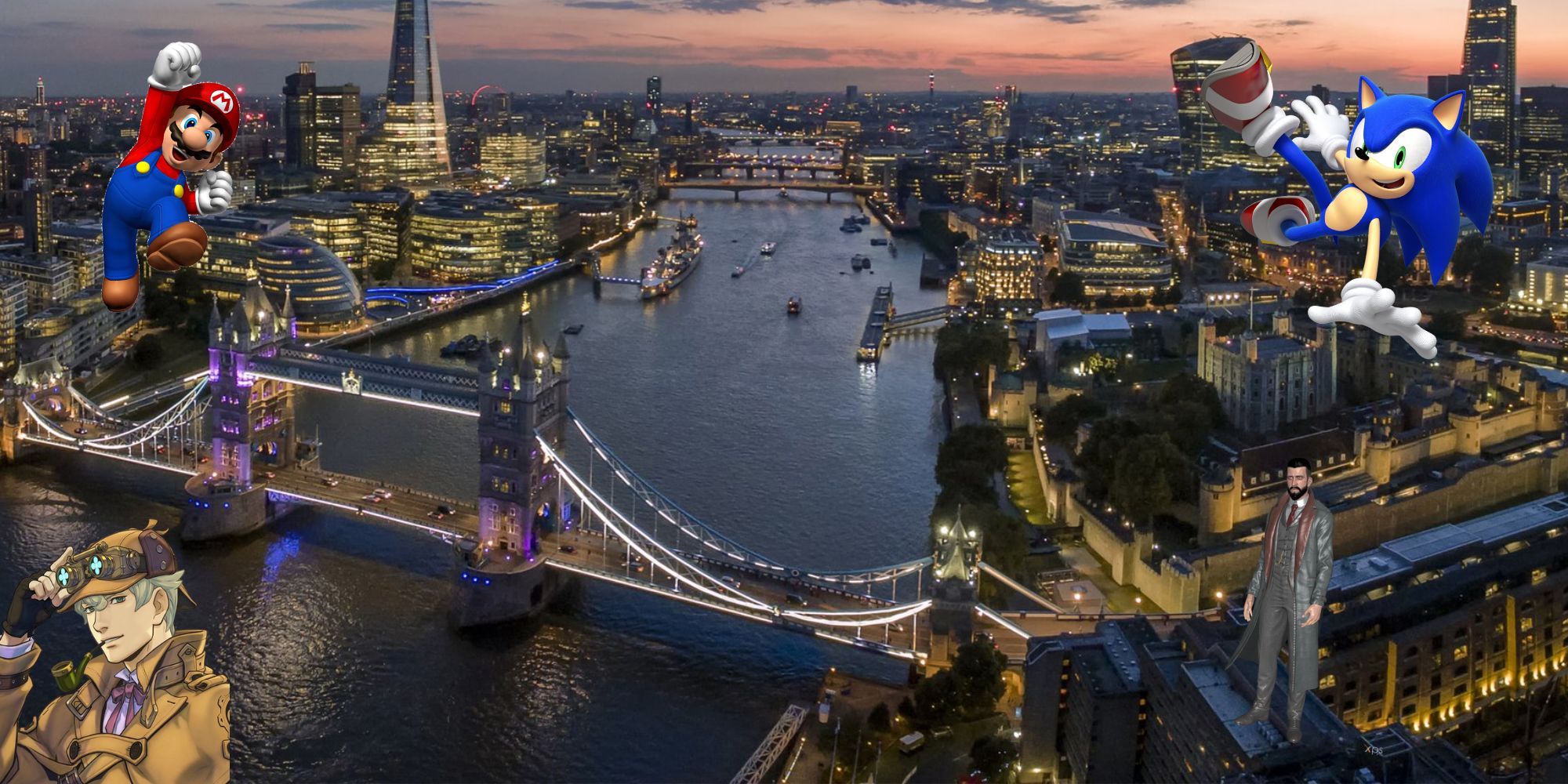 Mario, Sonic, Sherlock Holmes, and Jonathan Reid stand in front of London.