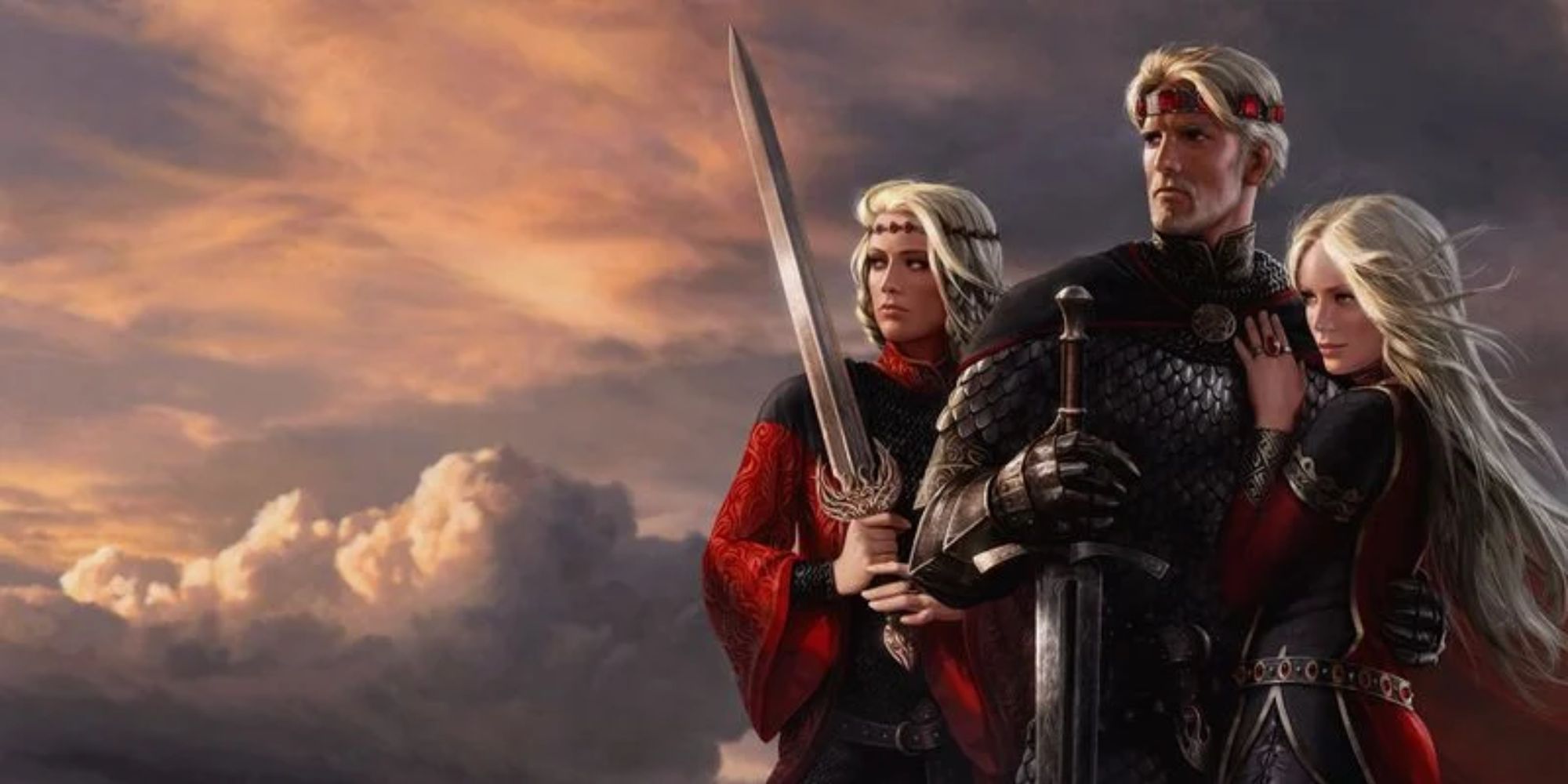 Aegon, Visenya, and Rhaenys stand backlit by a sunset.