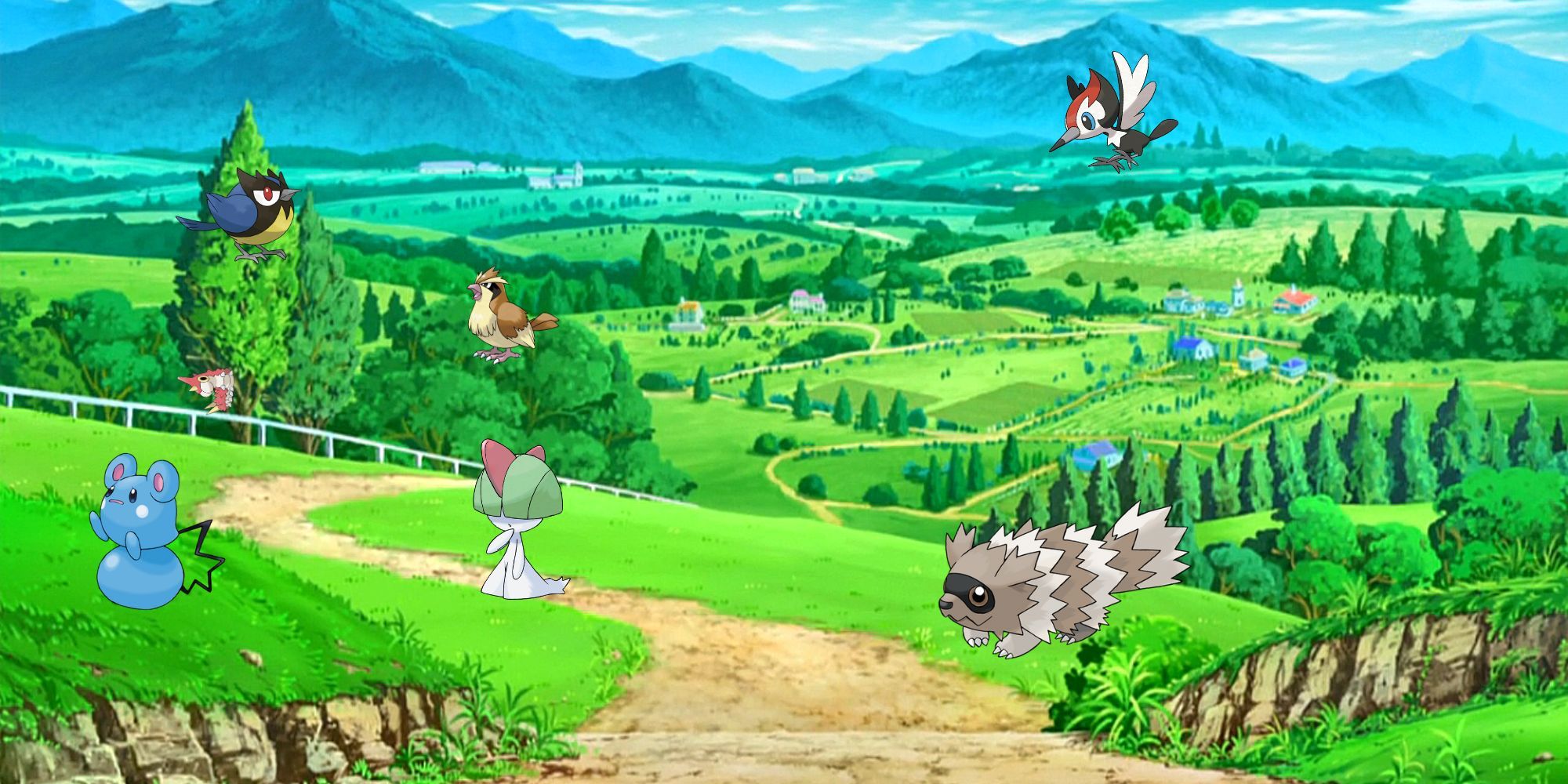 Ralts, Zigzagoon, Pikipek, Pidgey, Wurmple, Rookidee, and Azurill stand on Kanto Route 1.