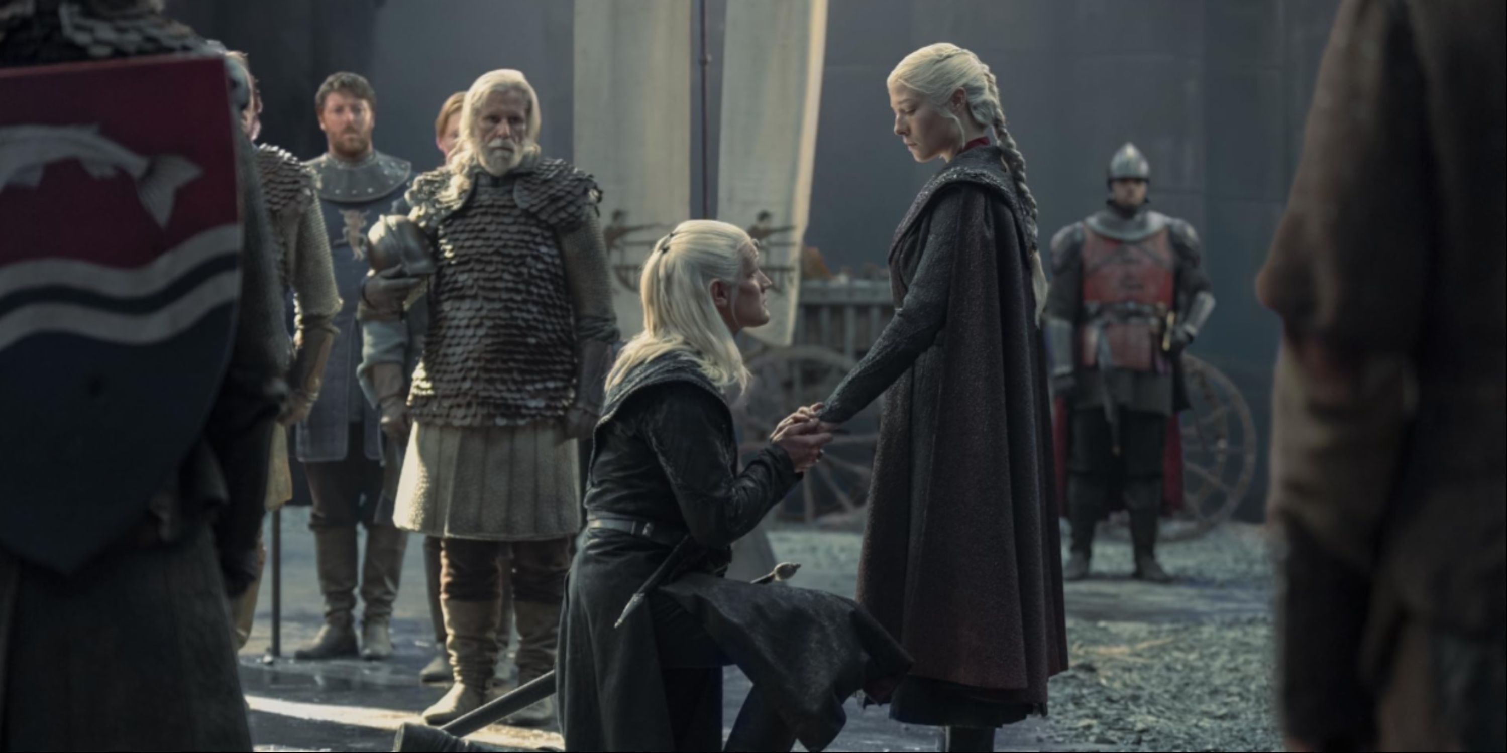 Daemon Bends The Knee To Queen Rhaenyra And Takes Her Hand In Front Of All The Bannermen In Harrenhal.