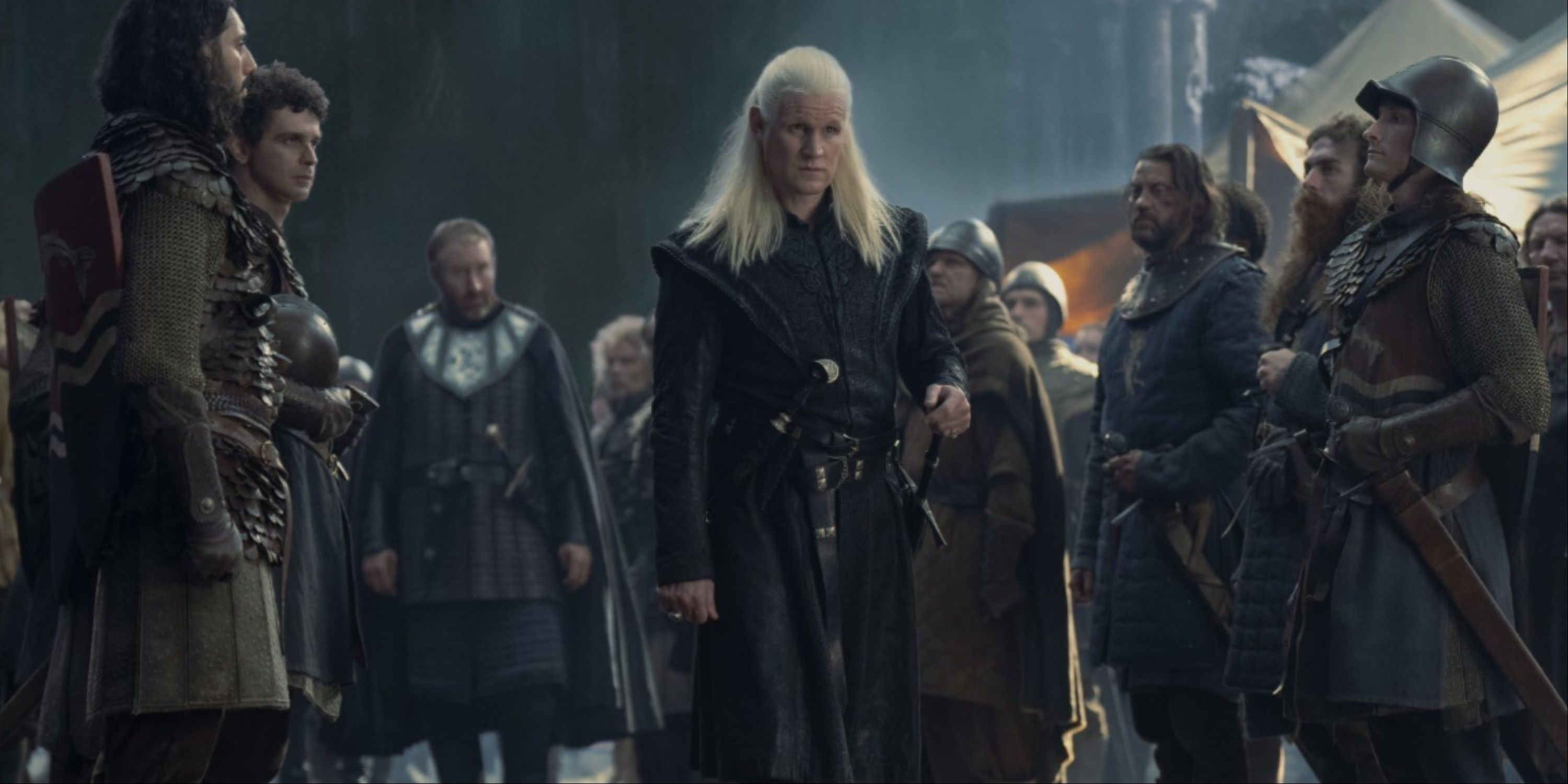 Daemon Passing Through The Line Soldiers He Gathered From The Riverlands In Harrenhal Toward Rhaenyra, With Ser Alfred Broome Behind Him.