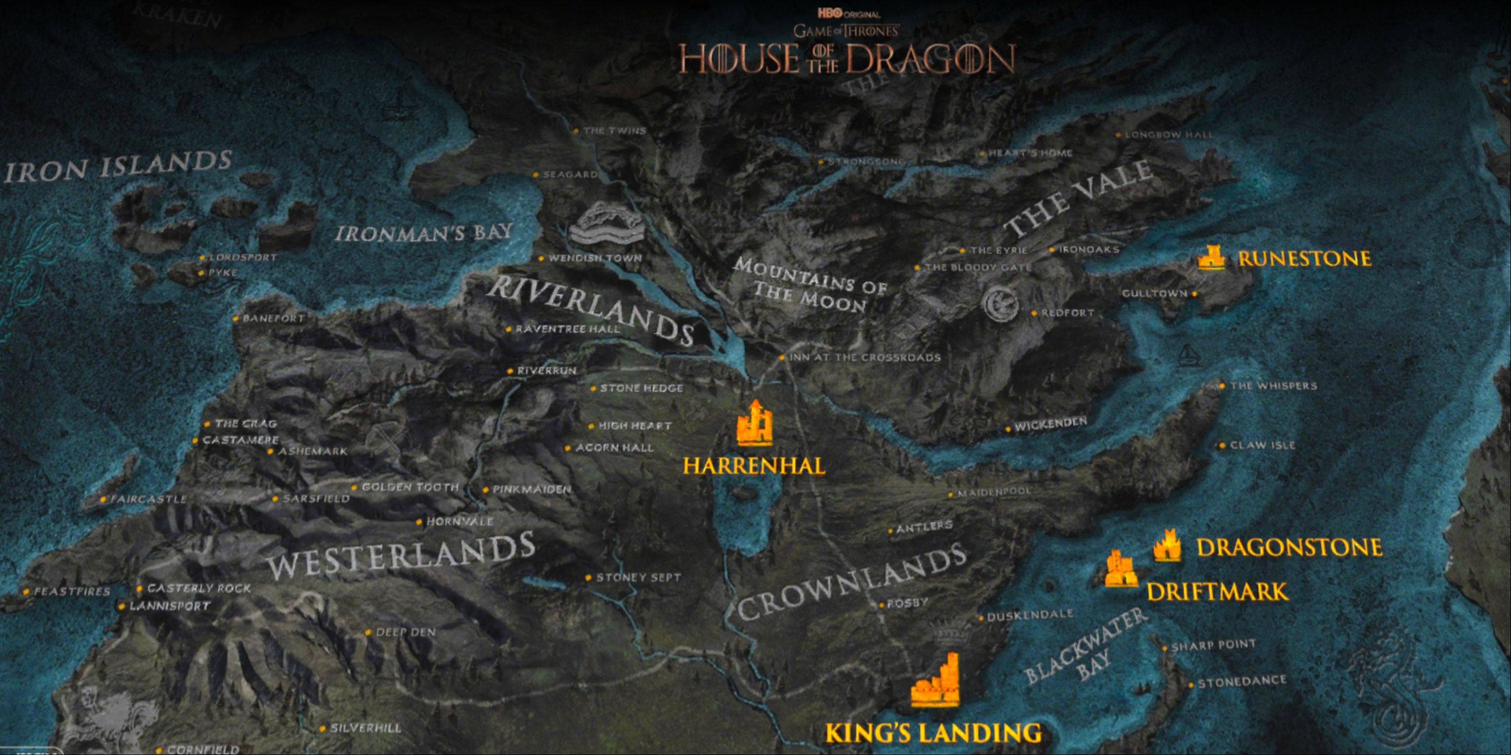 House Of The Dragon Official Map By HBO Showing Harrenhal Highlighted In Orange With The Gods Eye And Surrounding Lands Of Westeros.