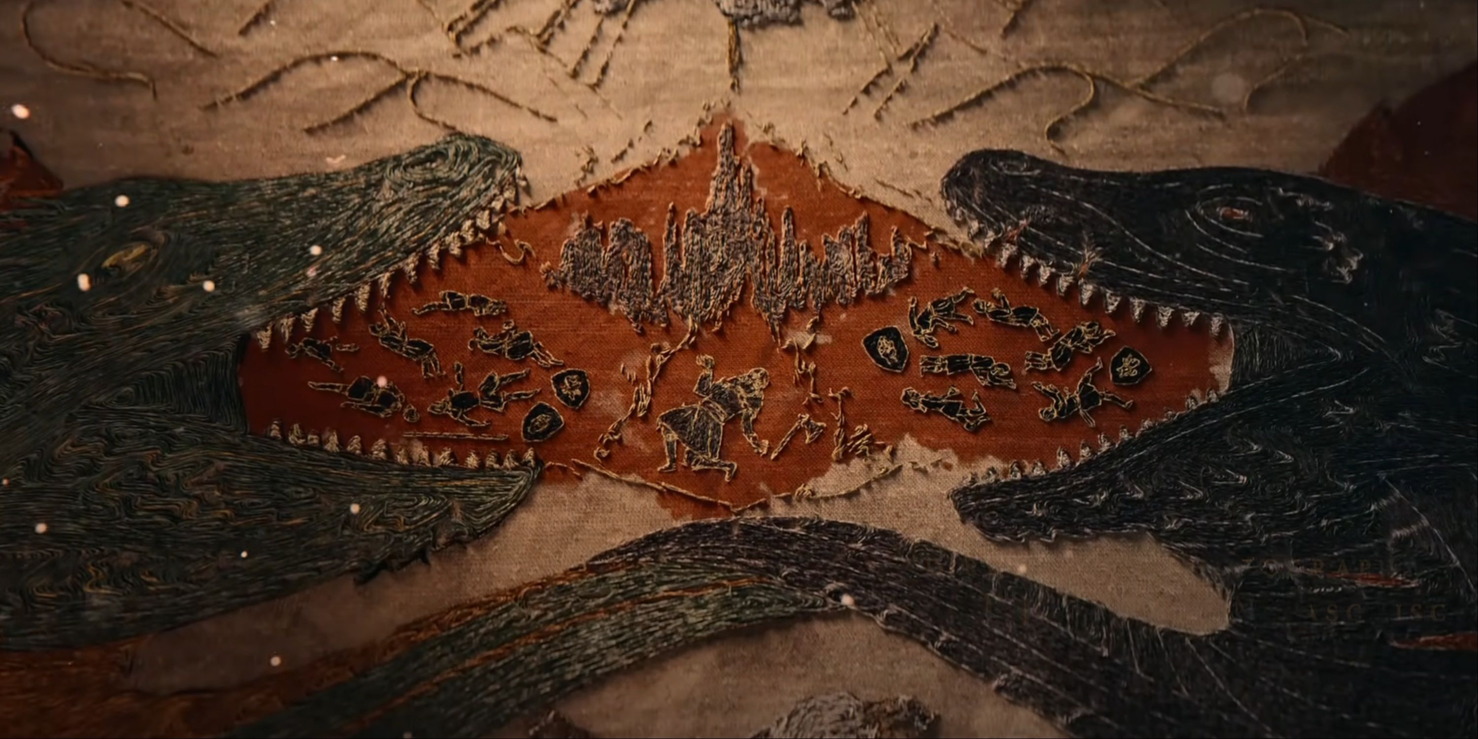 House Of The Dragon Title Sequence With Two Dragons With Their Mouths Open Surrounding Harrenhal From Both Ends Of The Screen And A Bloody Battle With Fallen Soldiers Depicted In The Center.