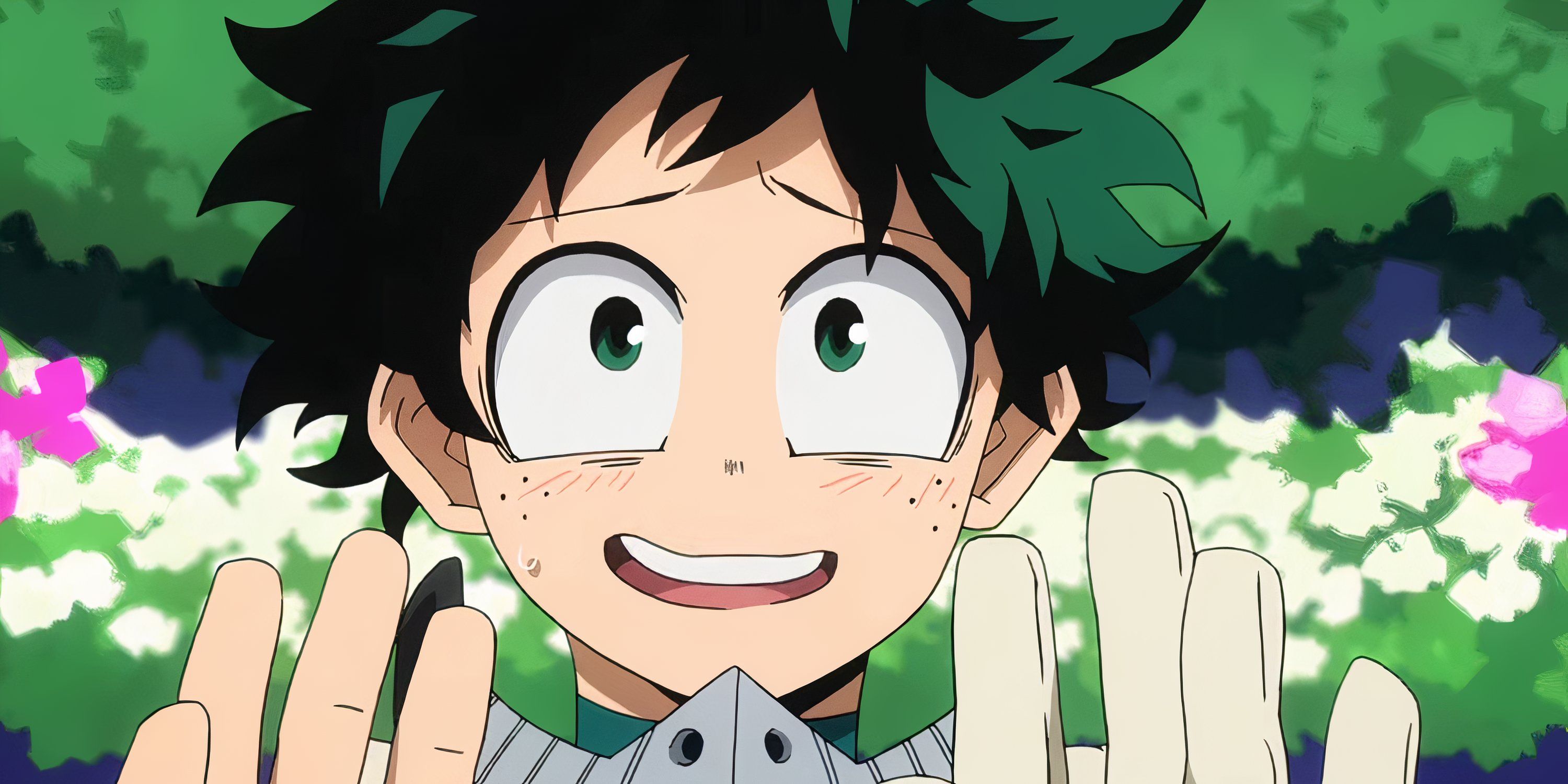 Izuku from My Hero Academia appearing flustered.