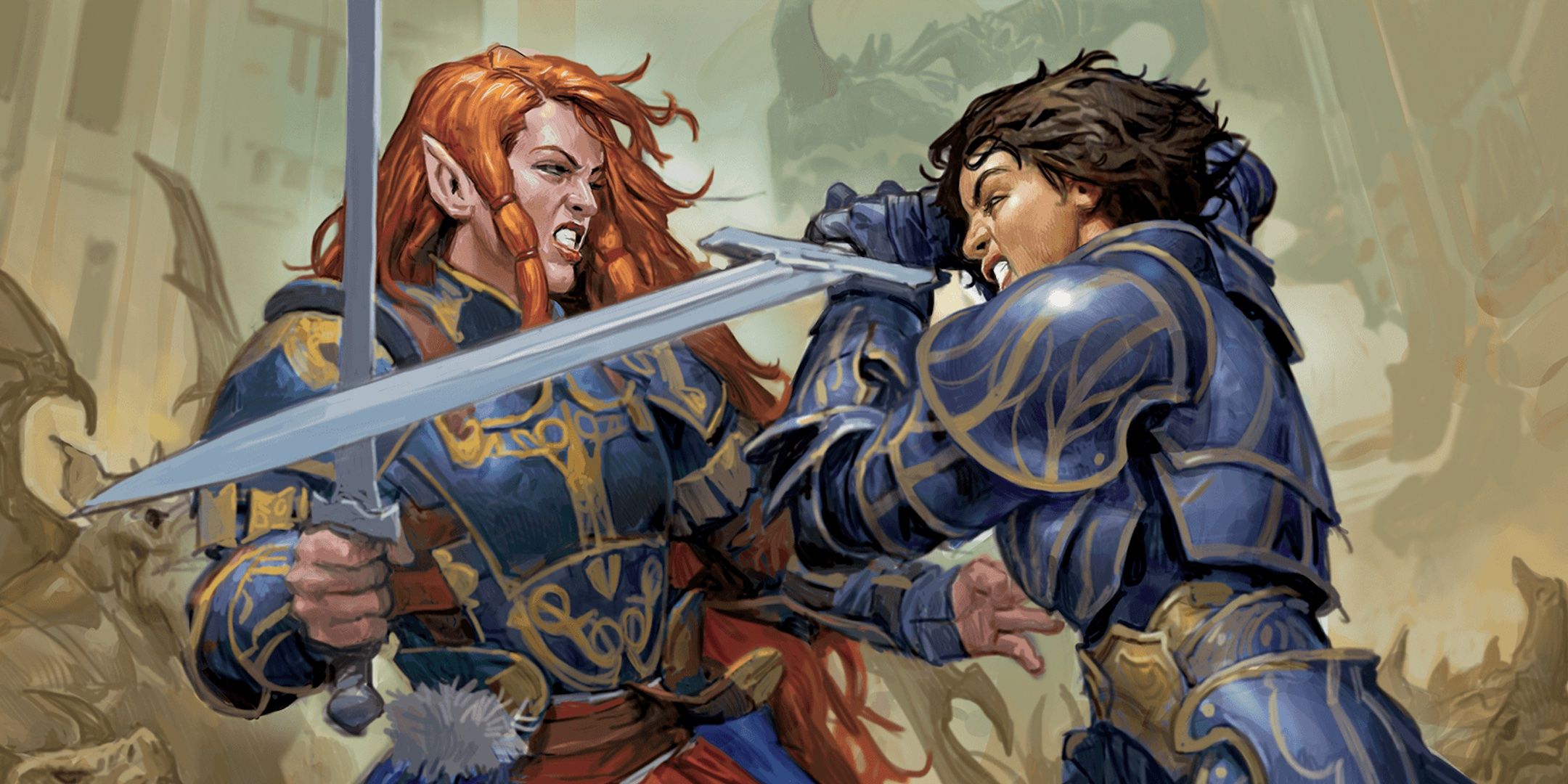 Laurana and Kitiara, two dragon riders, clash in front of the dragons.