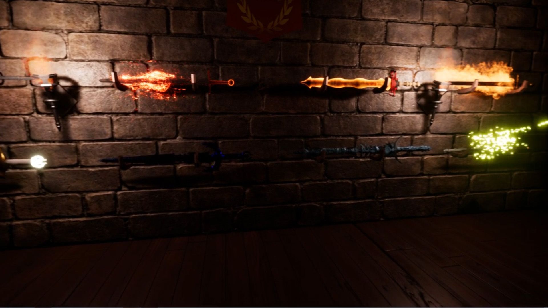 Magical swords displayed on a wall fantasy blacksmith