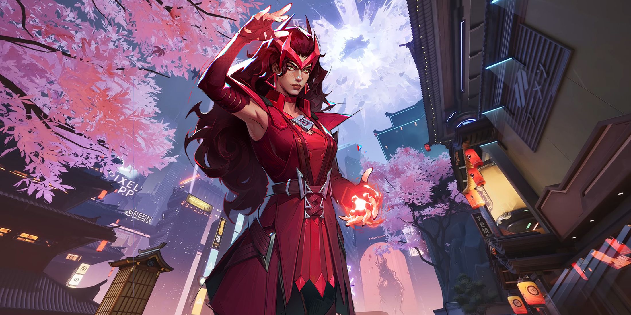 Marvel Rivals Scarlet Witch set against the Tokyo map backdrop