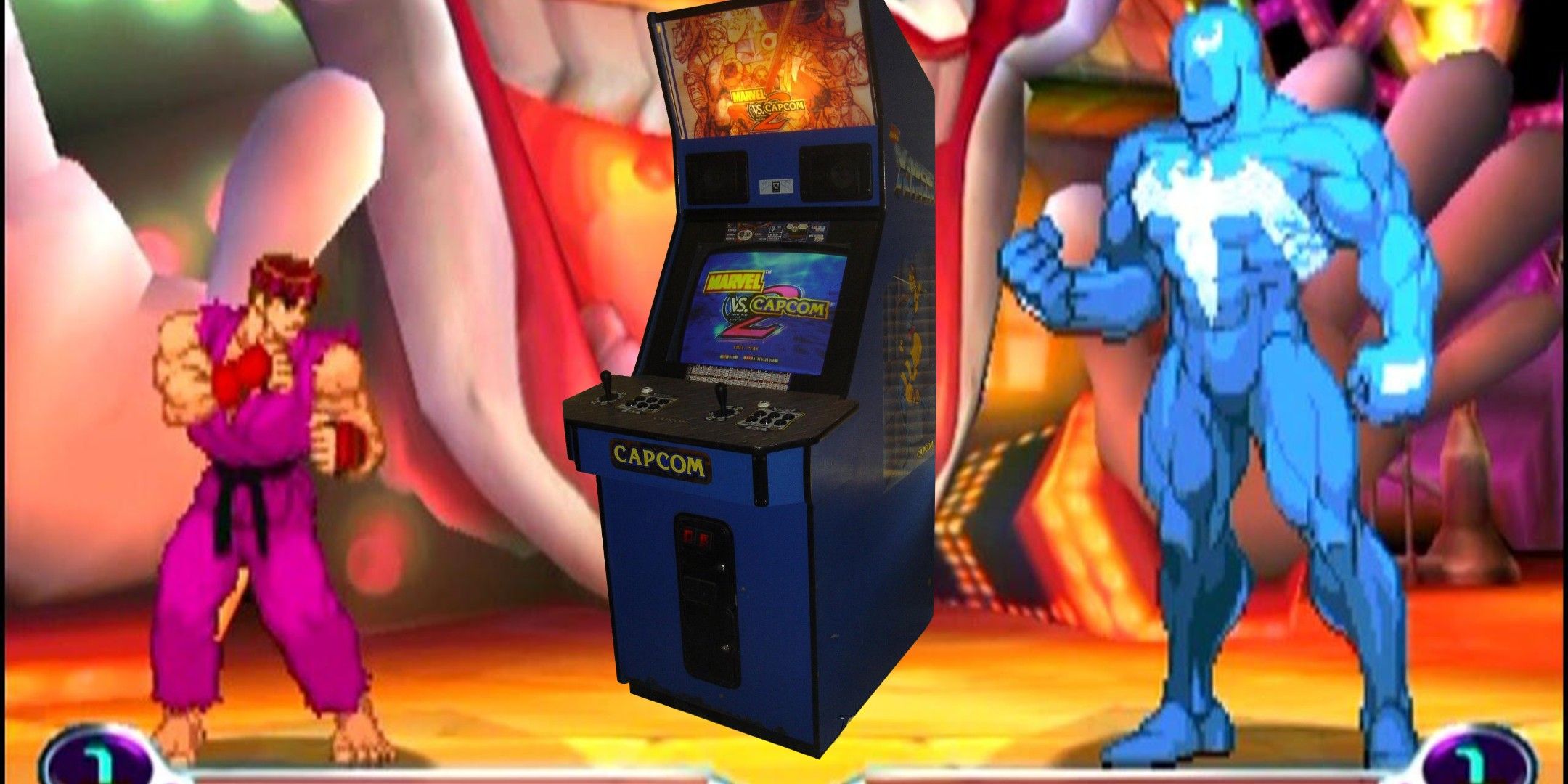 Ryu in his purple suit on the left, the Marvel vs. Capcom machine in the middle, Venom on the right.