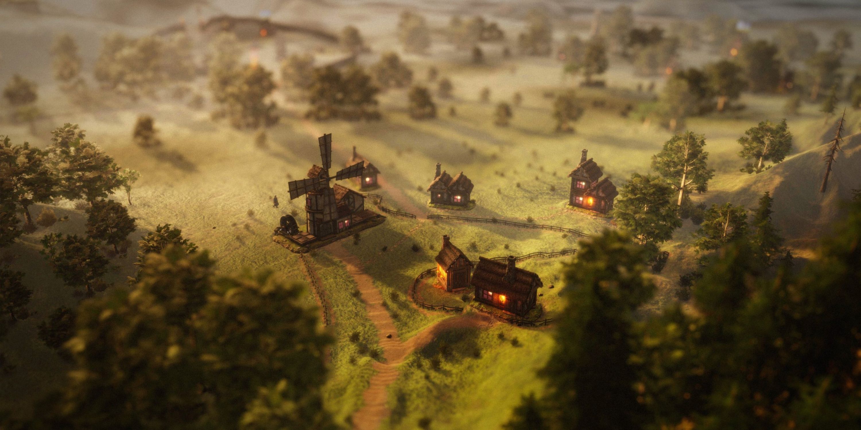 Masters Of Albion screenshot featuring a small town near some woods