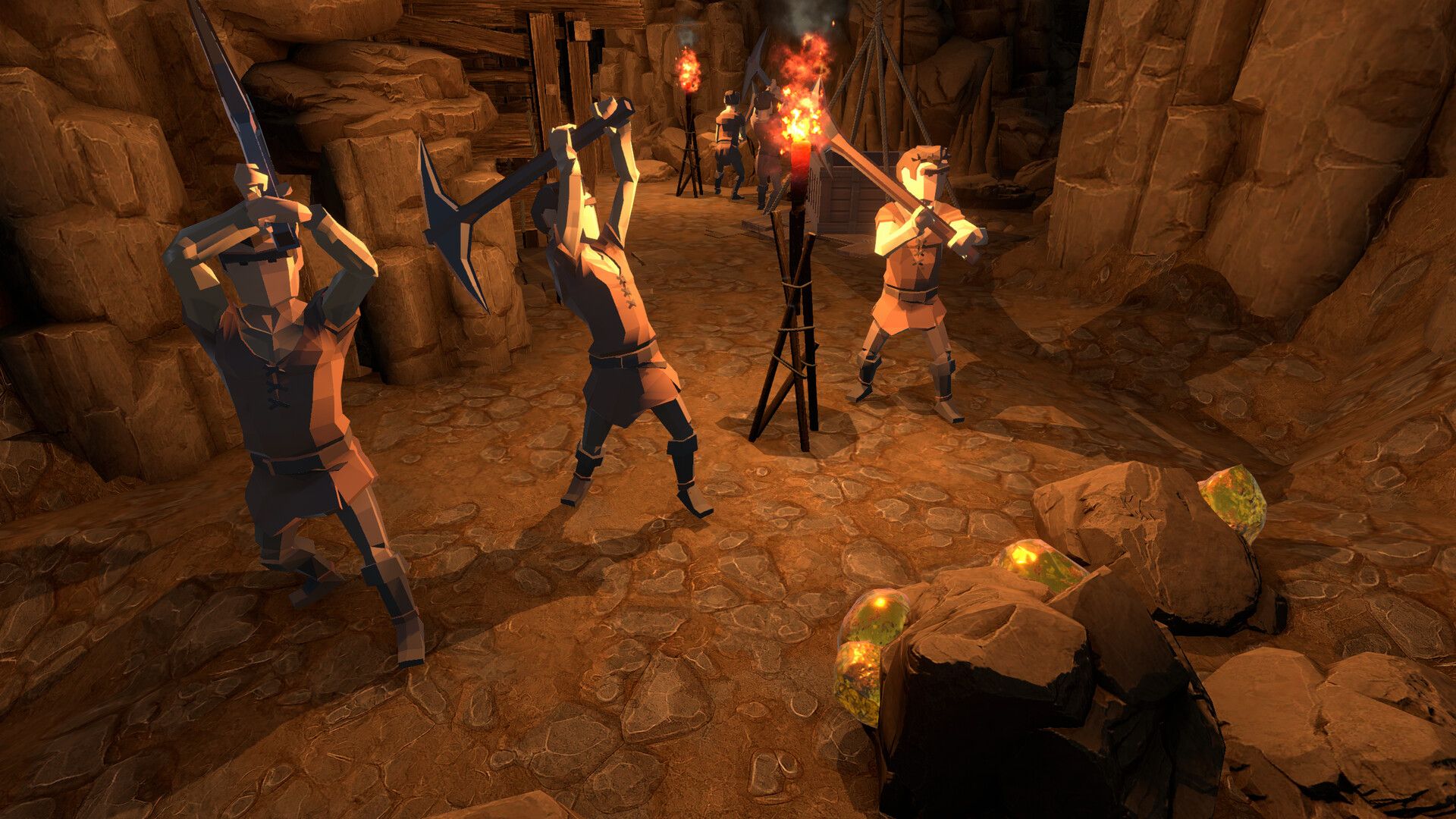 Men in a mine hold torches and pickaxes