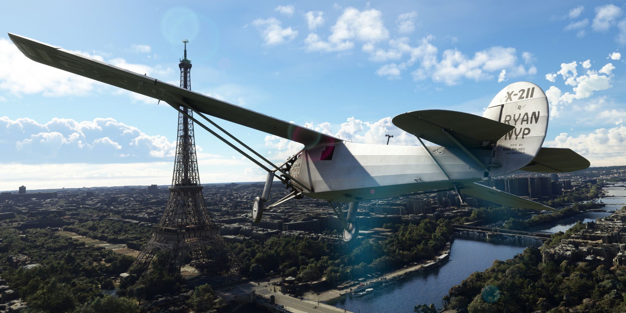 A plane flying over Paris and passing the Eiffel Tower from Microsoft Flight Simulator.