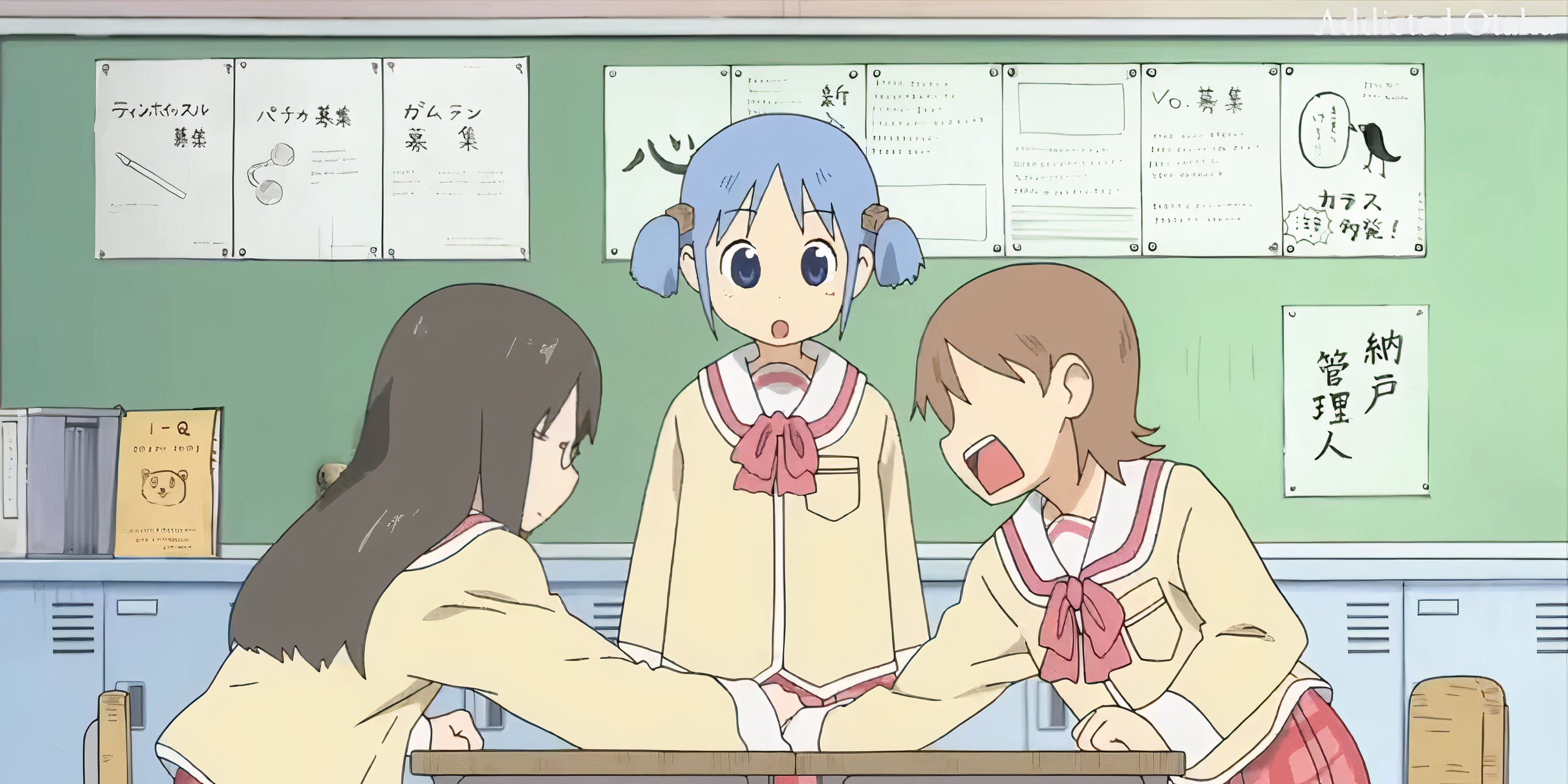 Mio, Yuko and Mai in a classroom in Nichijou.