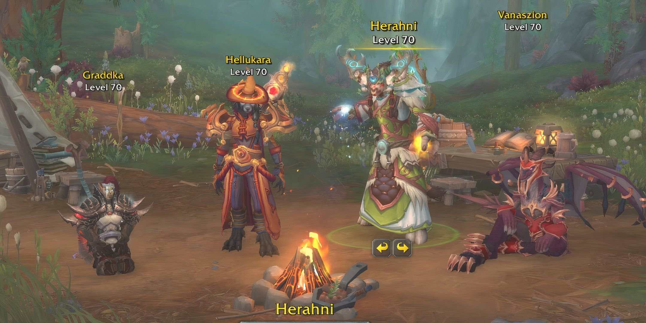 the warband character selection screen, with (from left to right), an orc death knight, a worgen mage, a highmountain tauren druid, and a dracthyr evoker.