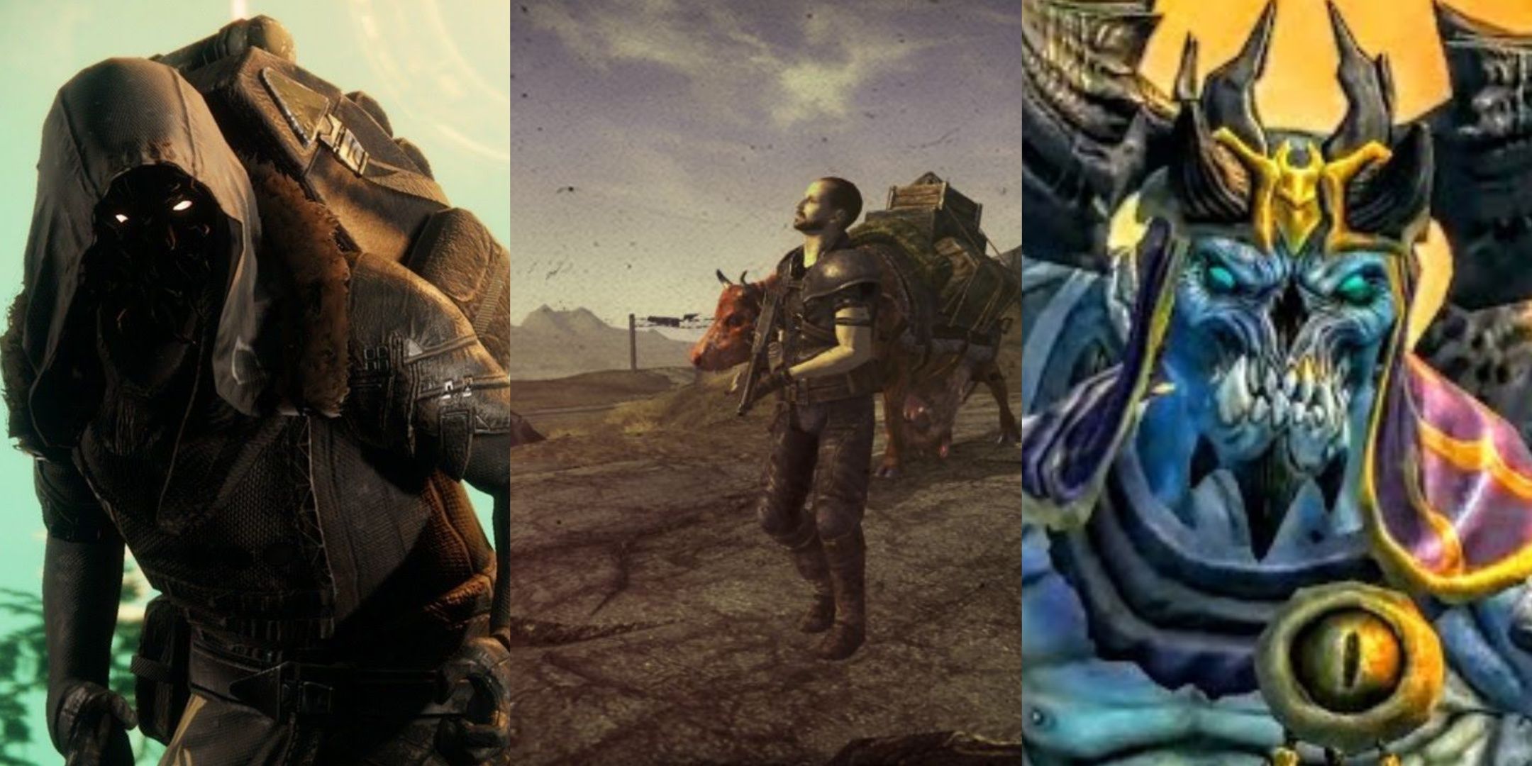 Collage of Xur from Destiny, Vulgrim of Darksiders, and Happy Trails Caravaneers from Fallout New Vegas