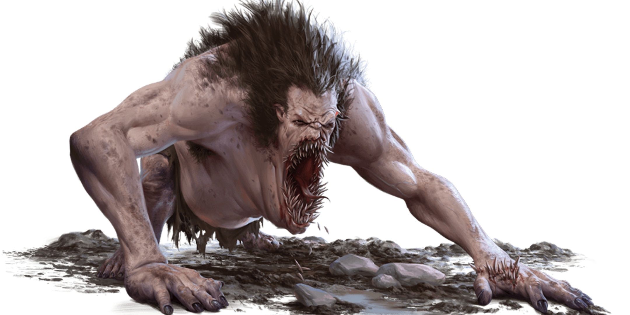 A monstrous giant, with a thick mane of hair and a gaping maw with rows of sharp, misshapen teeth.