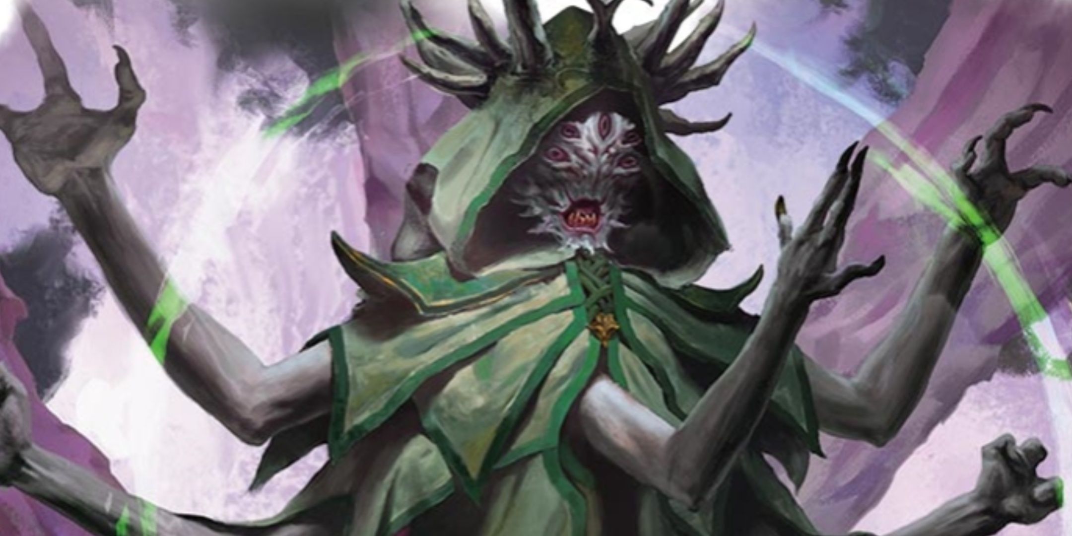 A multiarmed demon in green robes, with several sets of eyes and horns.