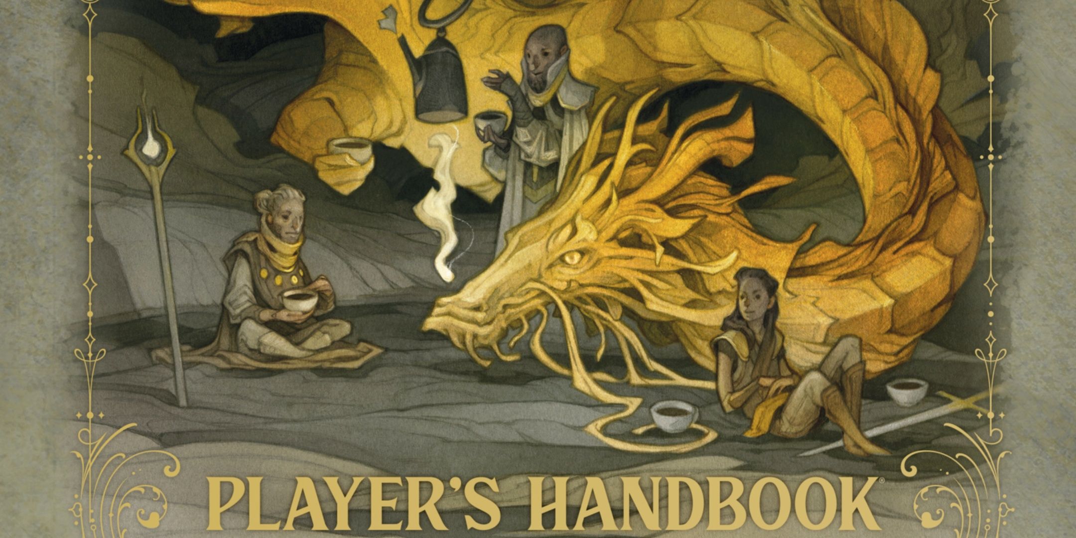 A party sits around a campfire and golden dragon in the 2024 Player's Handbook for D&D.