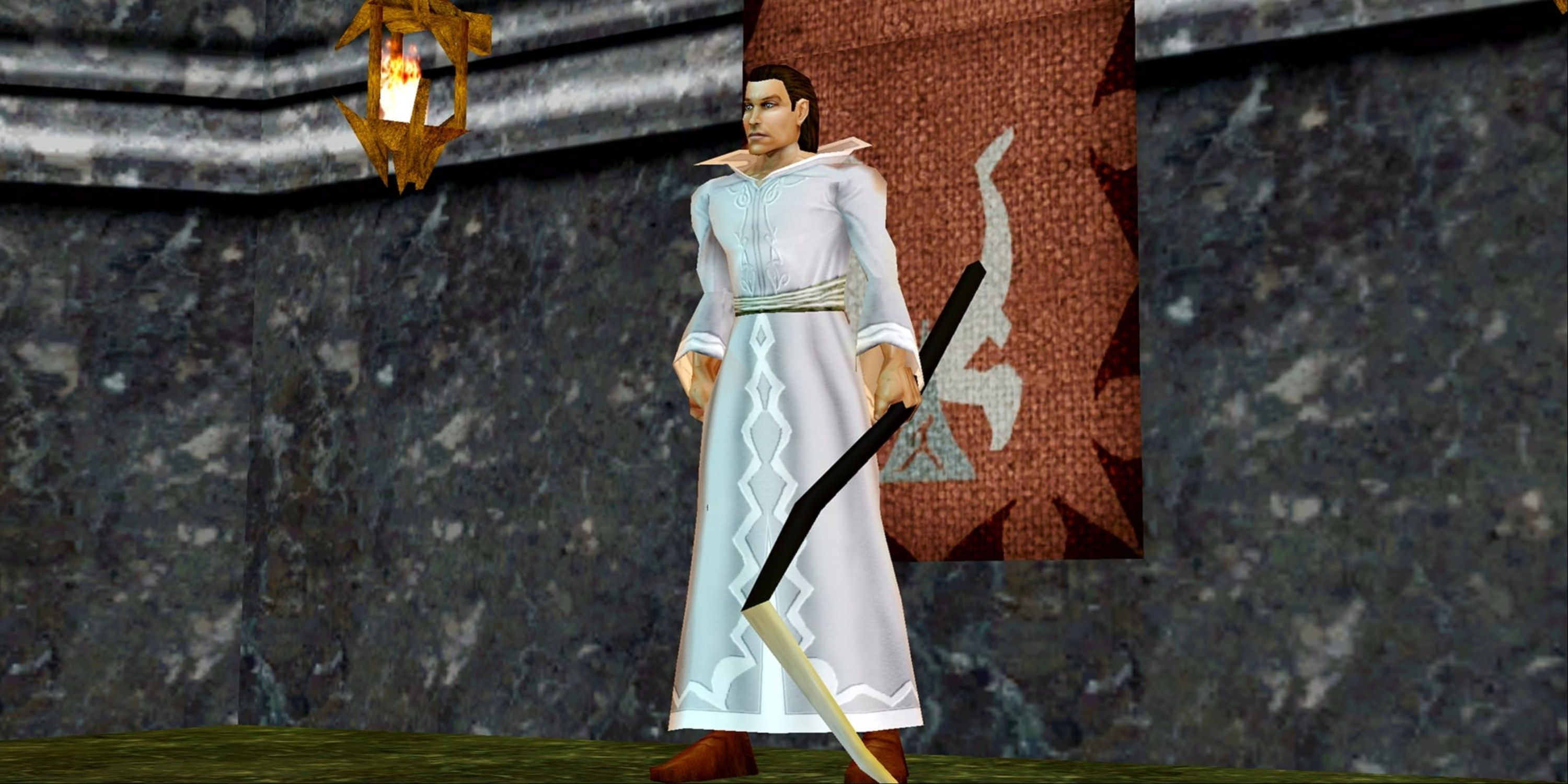 A man in white robes wielding a scythe in Everquest.