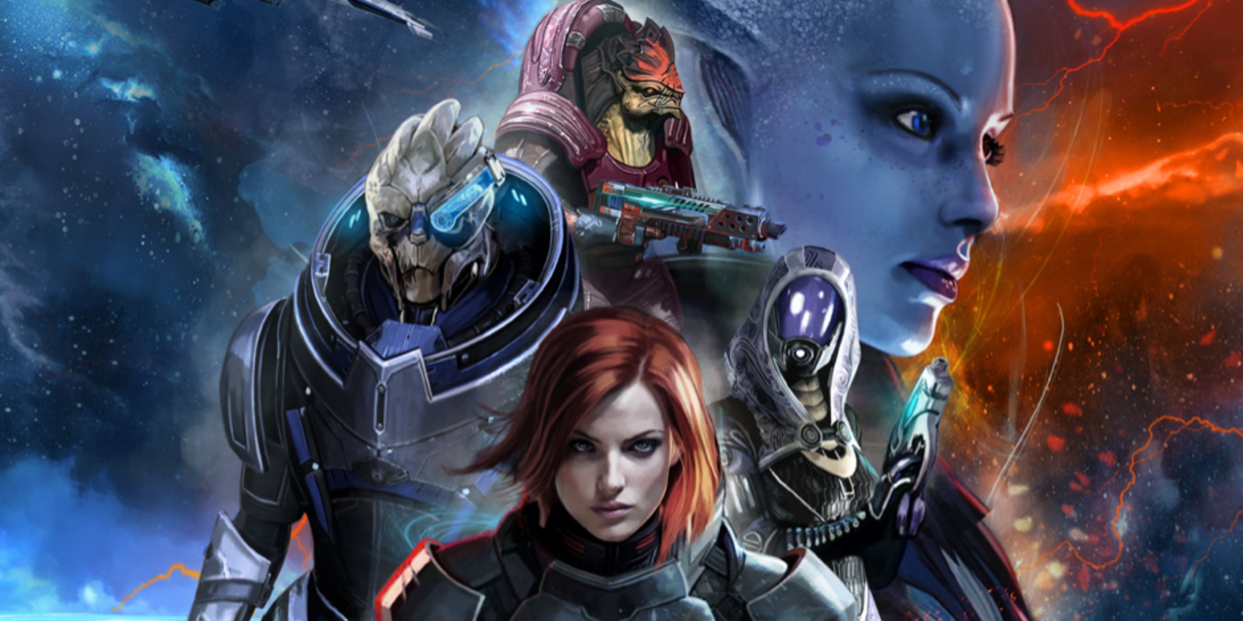 shepard, garrus, liara, tali, and wrex on the mass effect board game's box art