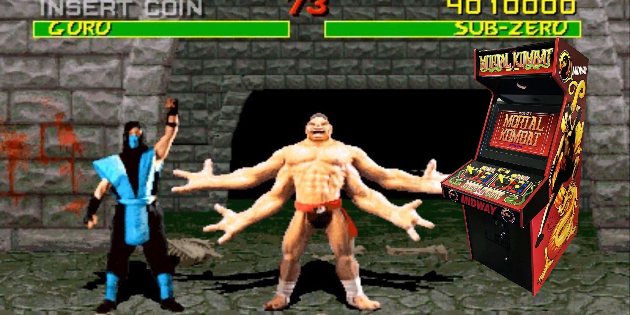 Sub-Zero with one arm up on the left, Goro spreads all four arms in the middle, Mortal Kombat cabinet on the right