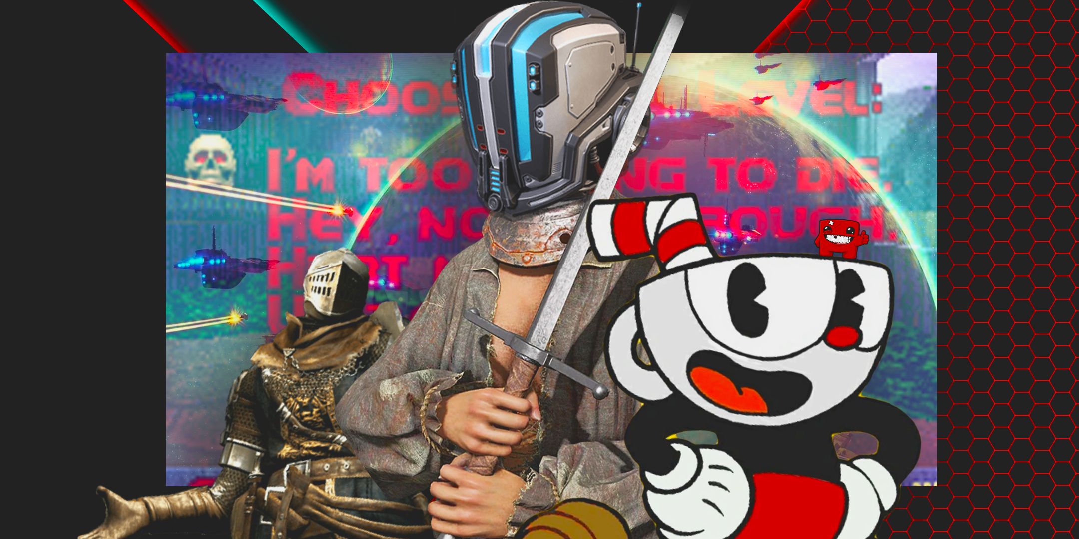 An image depicting various characters from games known for their difficulty, including Cuphead, Elden Ring, and more, with a Korvax head from No Man's Sky transposed onto one of them.