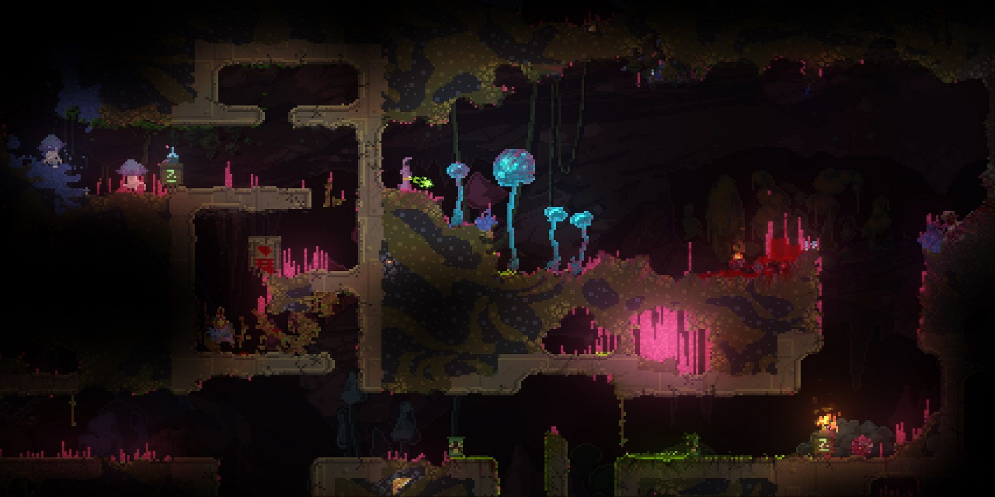 A witch in pink cloth stands in an underground mine surrounded by pink and blue mushrooms