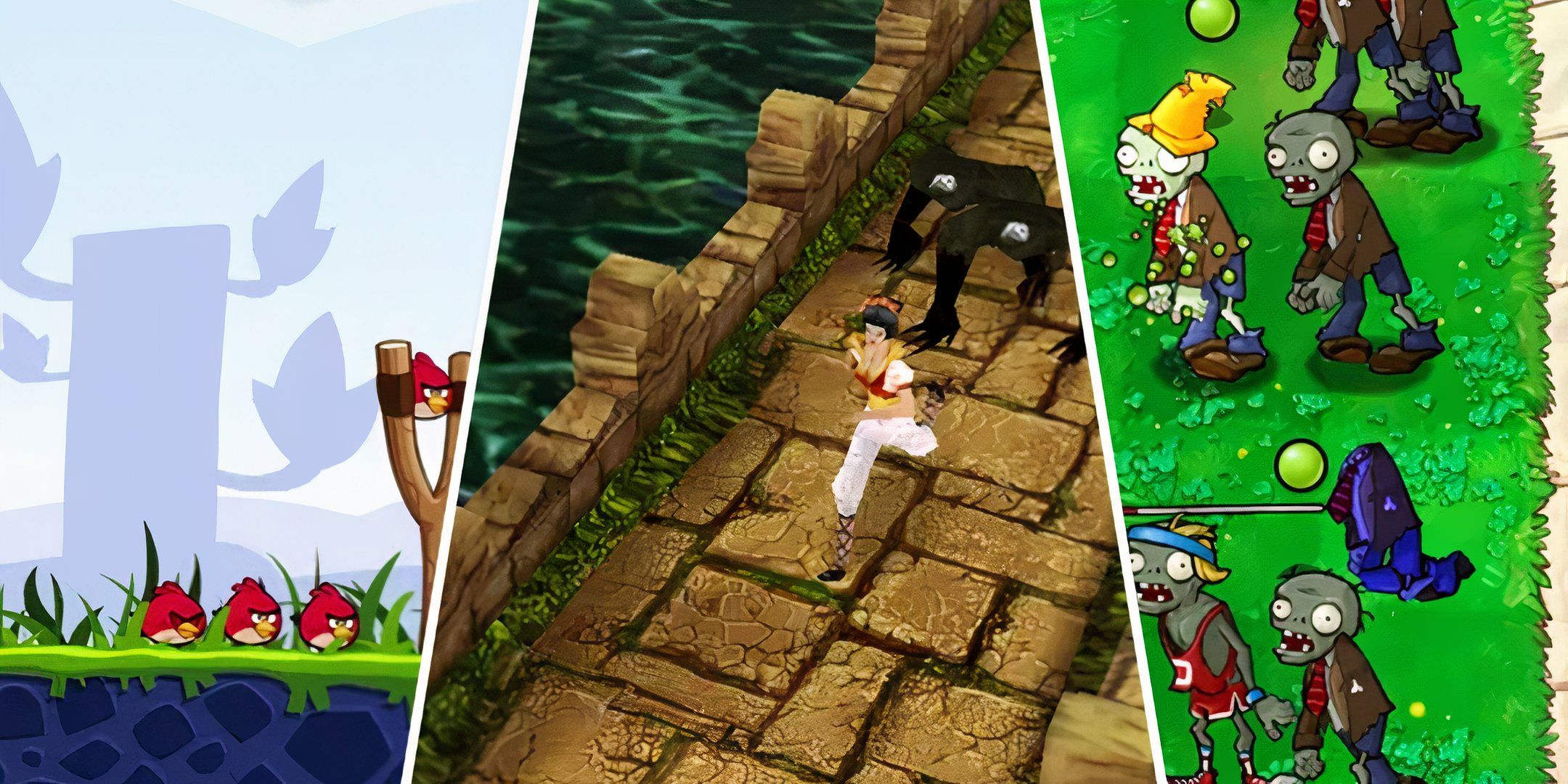 Split screenshots from Angry Birds, Temple Run and Plants Vs Zombies.