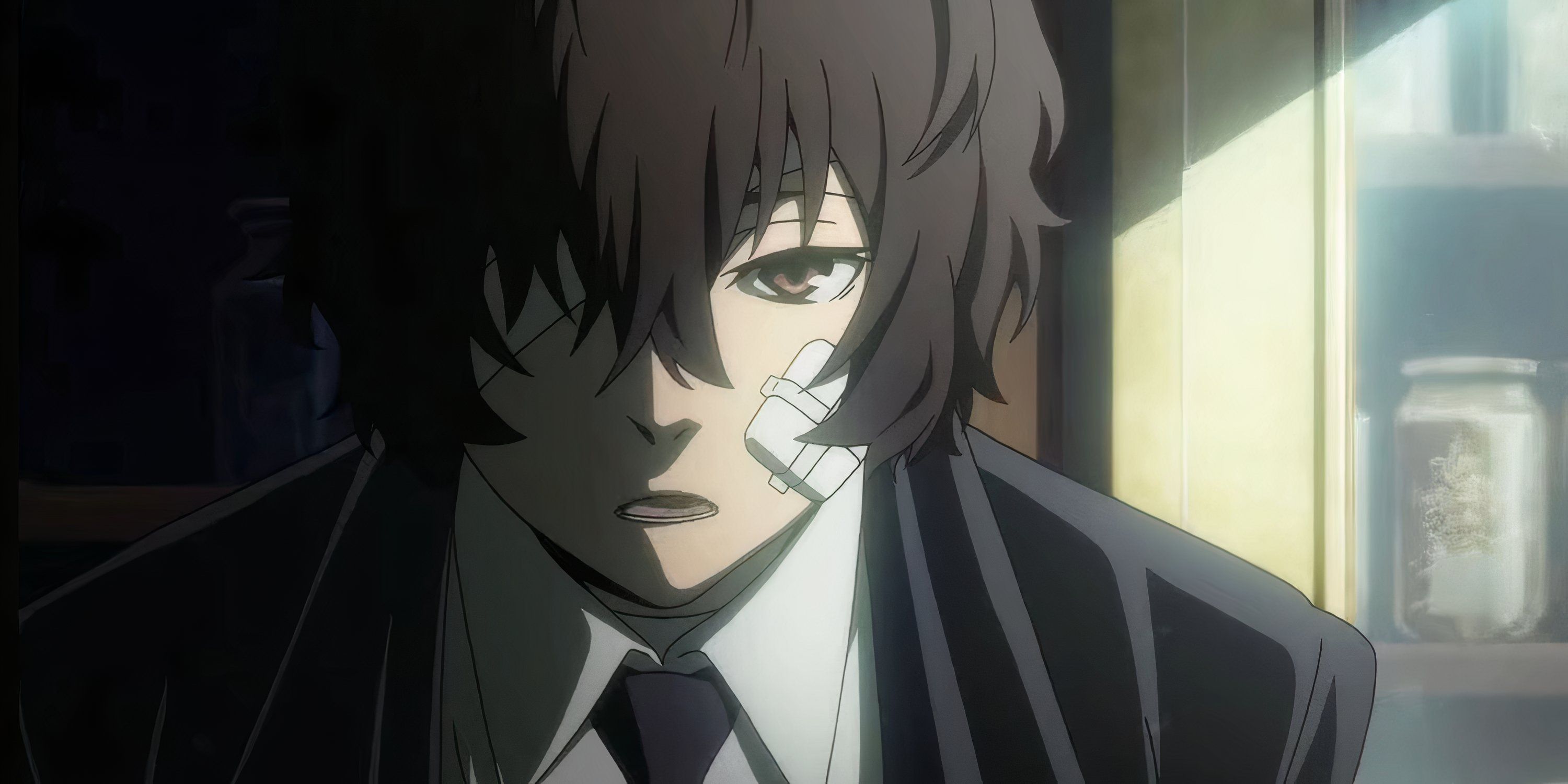 Osamu Dazai with a bandage on his cheek in Bungo Stray Dogs