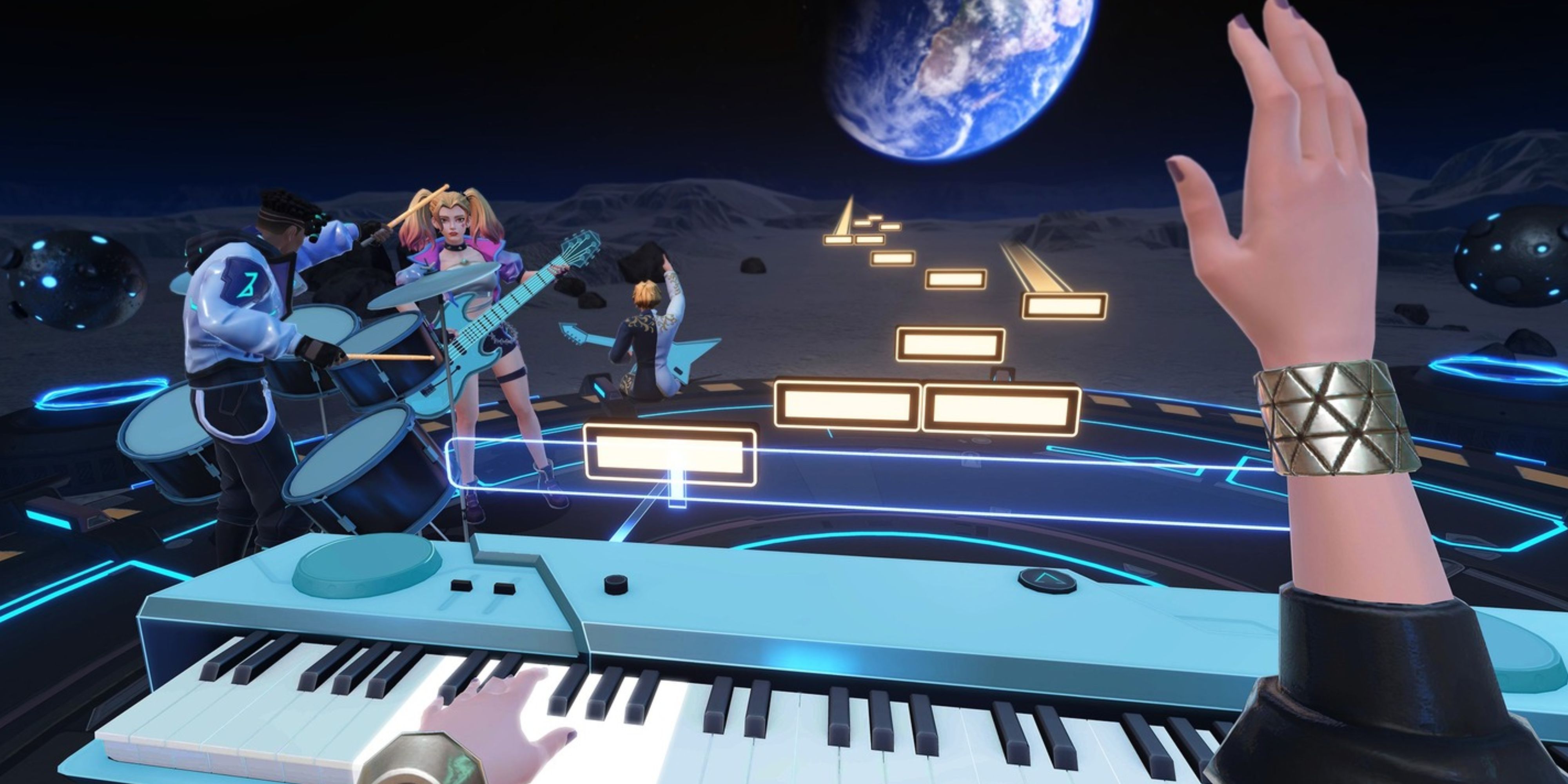 Playing keyboard in Band Space VR with the Gamescom logo