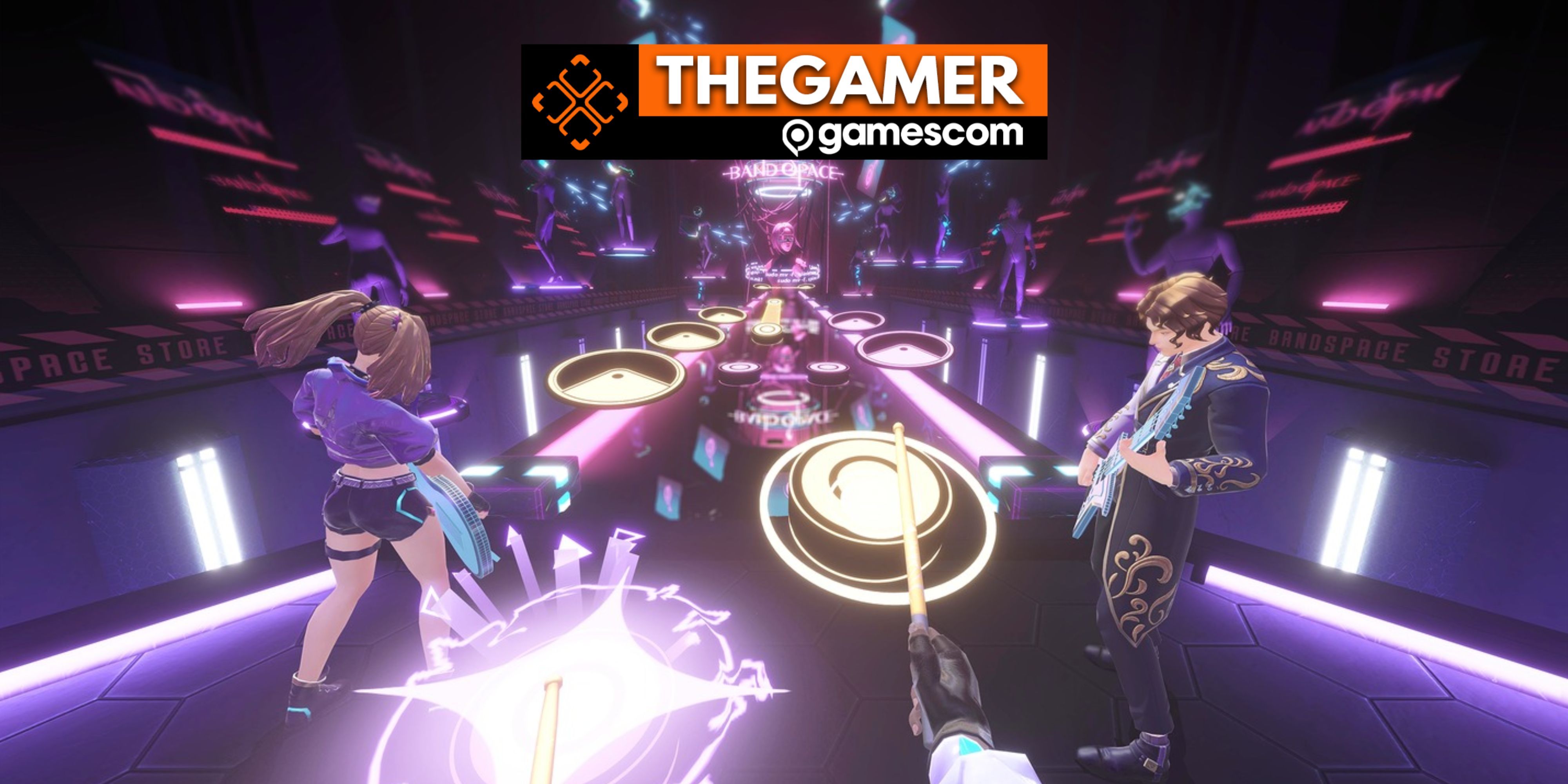 Playng with a three piece band in Band Space VR with the Gamescom logo