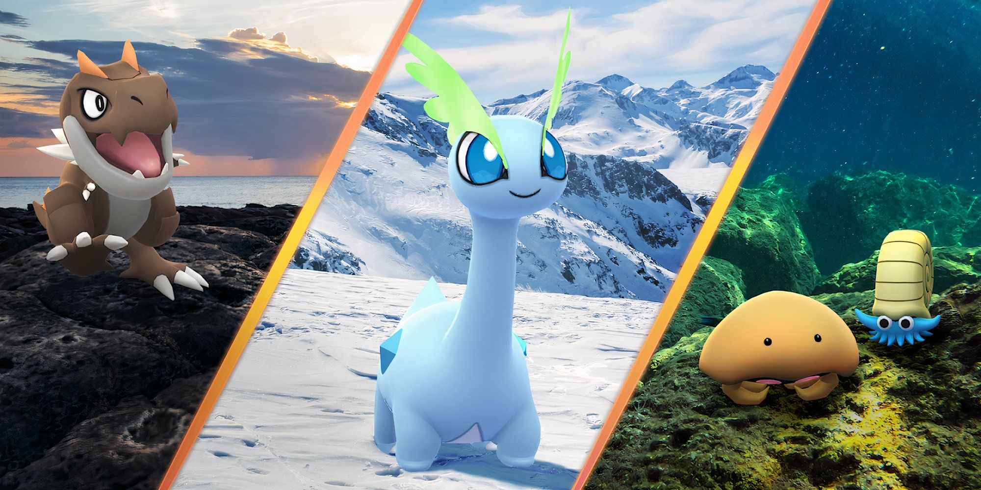 Split image of Amaura with Tyrunt, Kabuto, and Omanyte on the side.